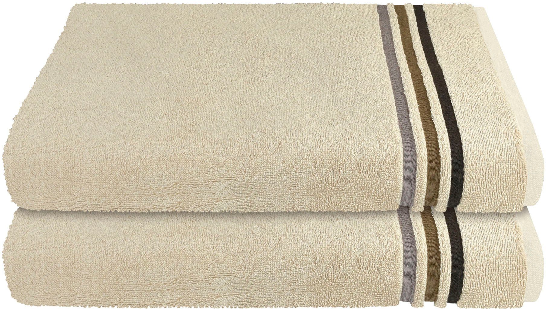Schiesser Duschtücher Skyline OEKO-TEX®-zertifiziert Baumwolle, beige im by GREEN 2er Frottier Color eleganter Set (2-St), MADE aus Streifenbordüre, kuschelweicher IN mit
