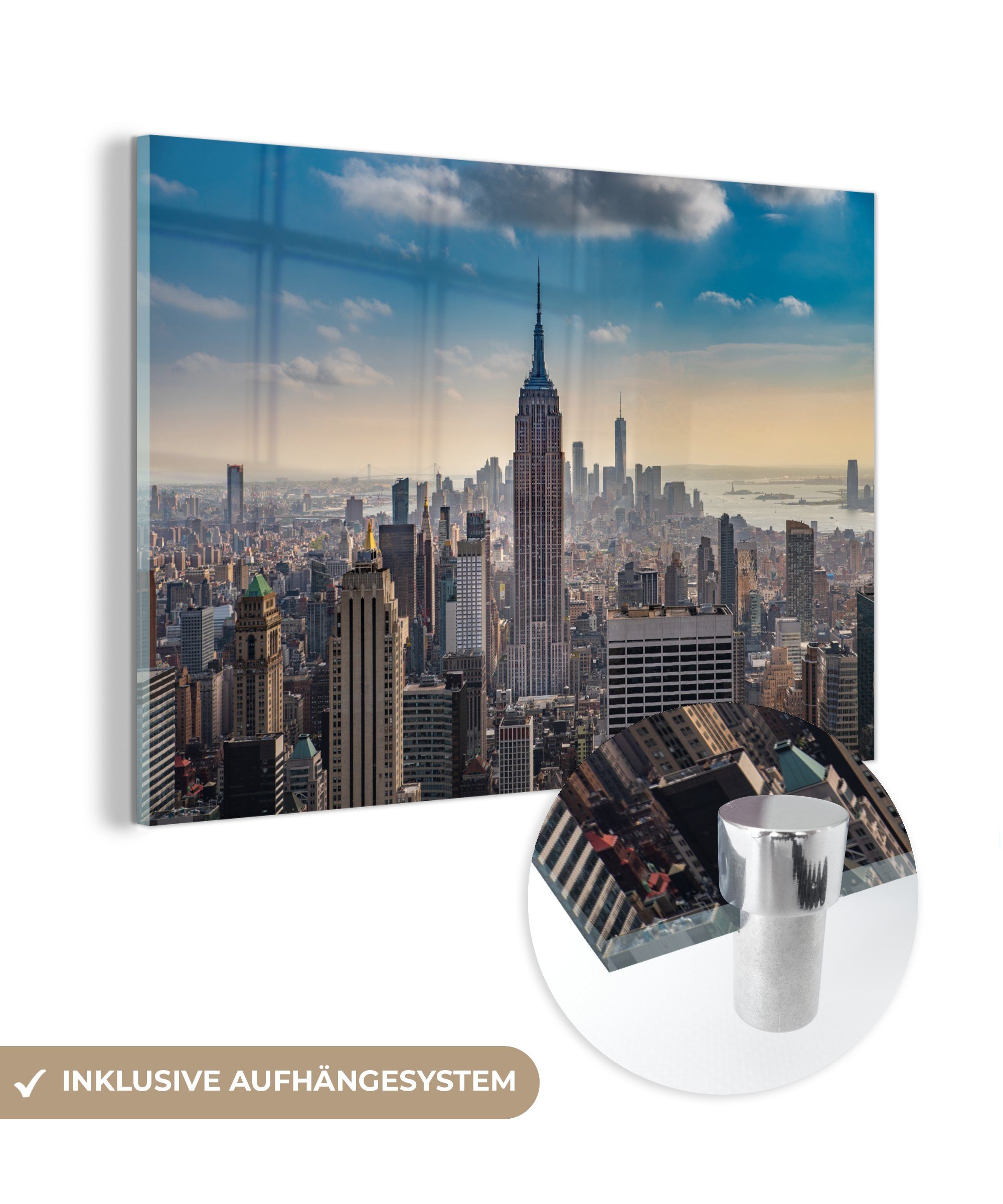 MuchoWow Acrylglasbild New York - Wolken - Wasser, (1 St), Acrylglasbilder Wohnzimmer & Schlafzimmer