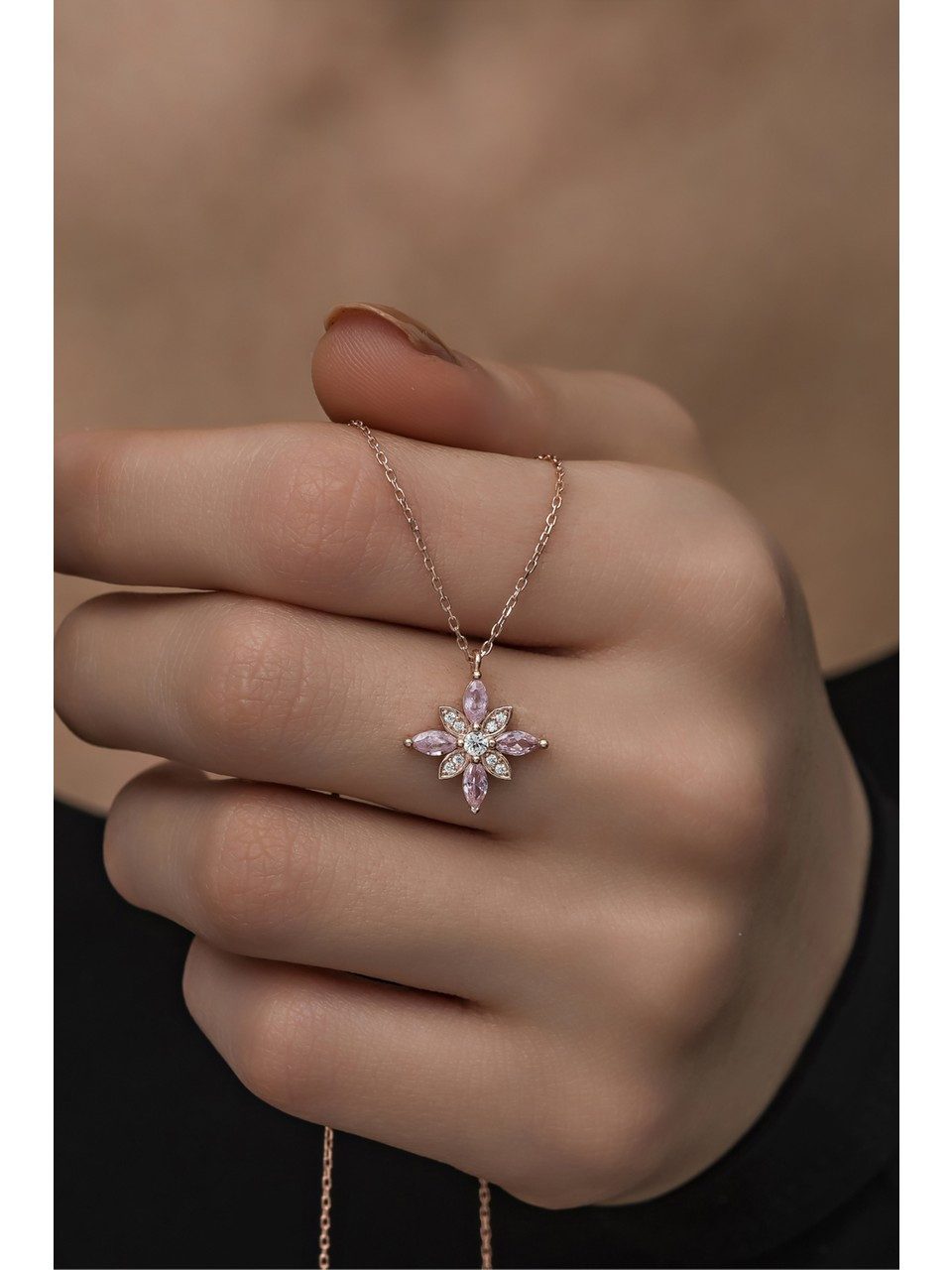 Nisan Kette und Anhänger Set, 925er Silberkette mit rosa Zirkonia-Blütenanh günstig online kaufen