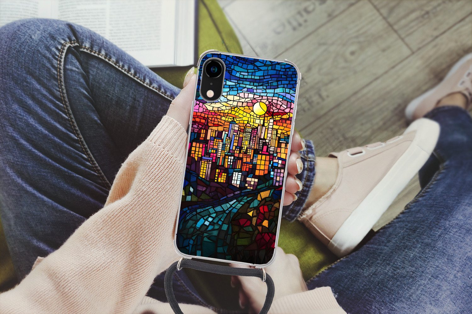 MuchoWow Handyhülle für Apple iPhone XR Stadt - Mond - Mosaik - Farbenfroh, Tragbare Handyhüllen mit Kette zum umhängen, Handykette Handyband