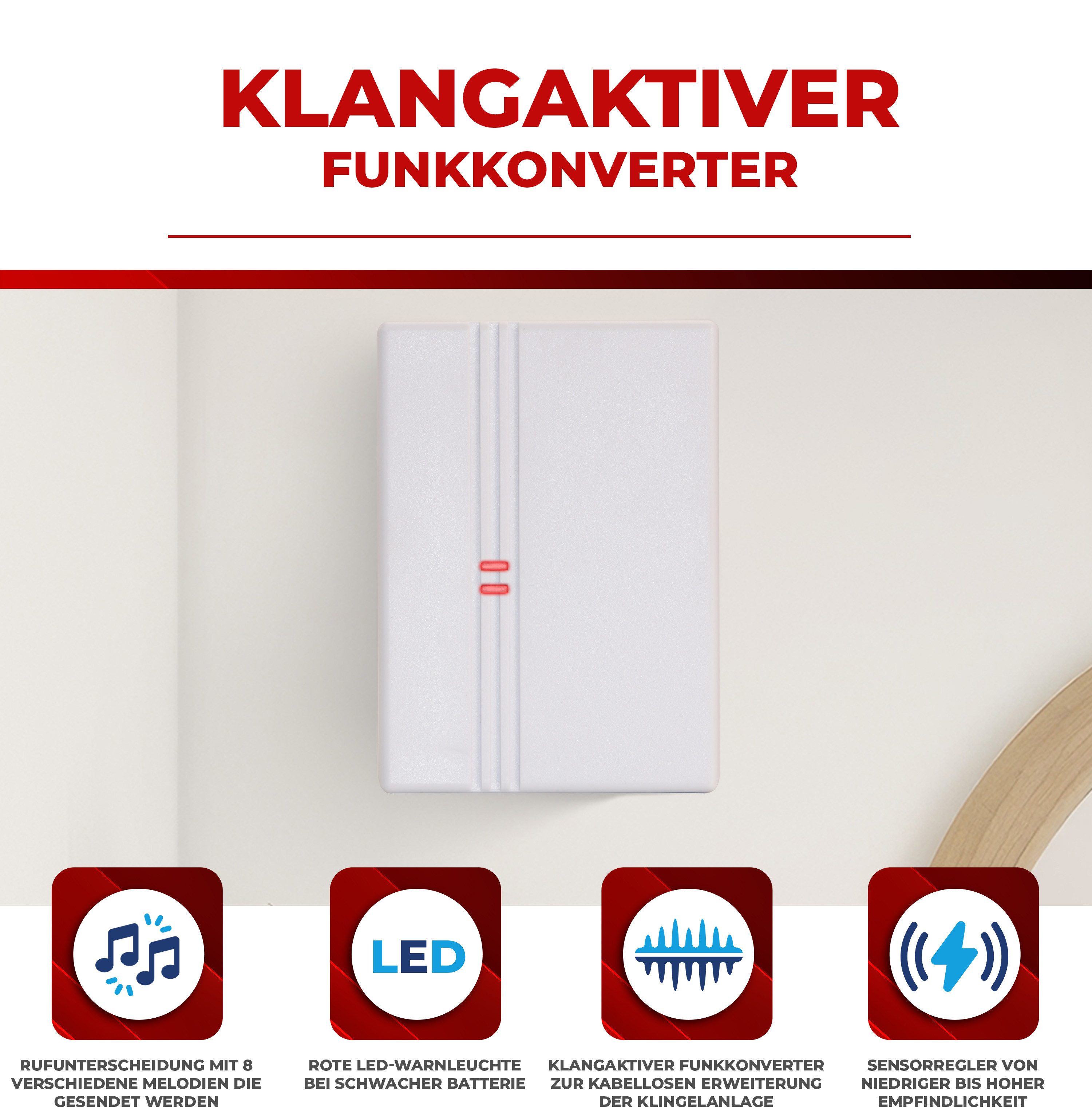 Heidemann Funk-Türgong Heidemann Funkgong-Set HX Action, 433, Empfänger: anthrazit, silber, Konverter: weiß (Konverter-Set) mit Blitzlicht, extra laut, erweiterbar