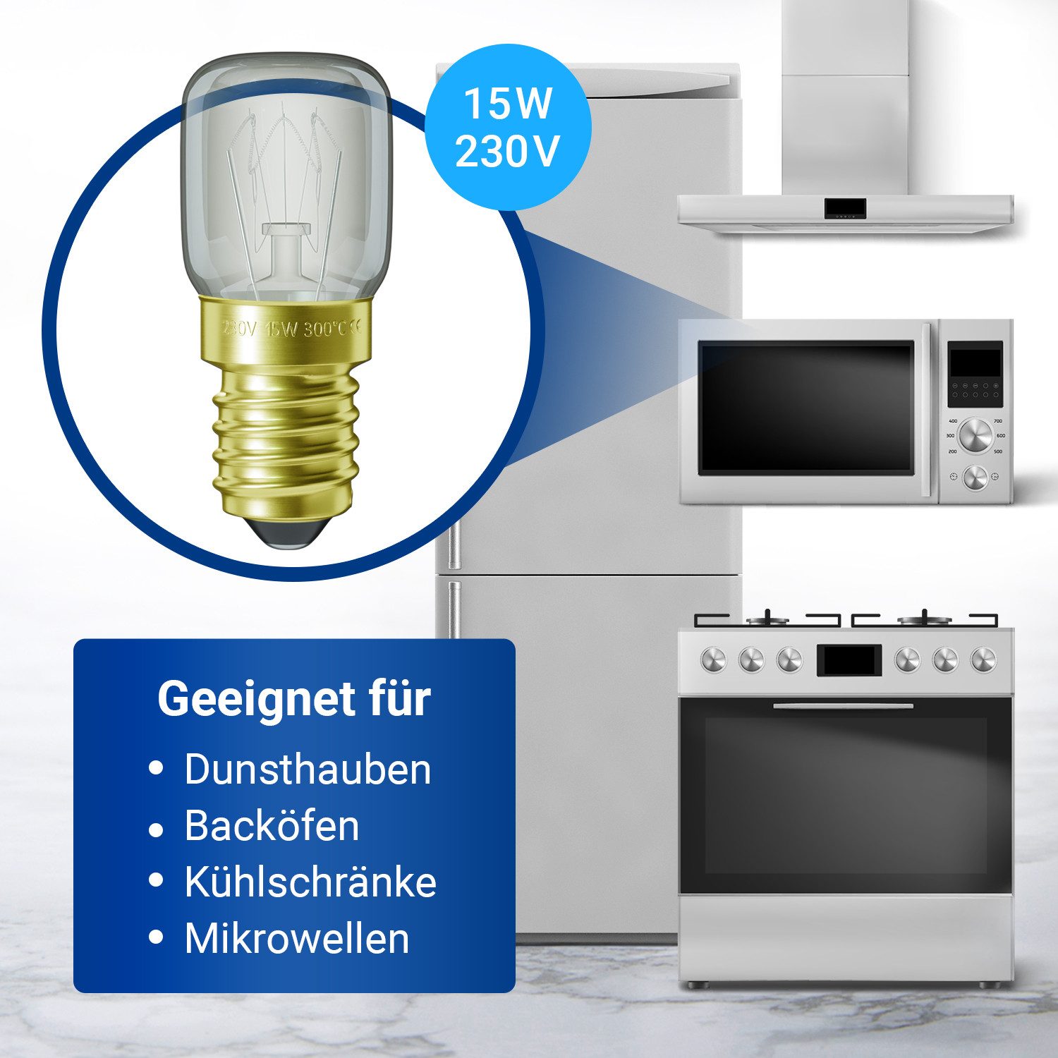 VIOKS Spezialleuchtmittel Glühlampe E14 Glühbirne 15W 230V 300°C 22mmØ 48mm, für Herd Kühlschrank Mikrowelle