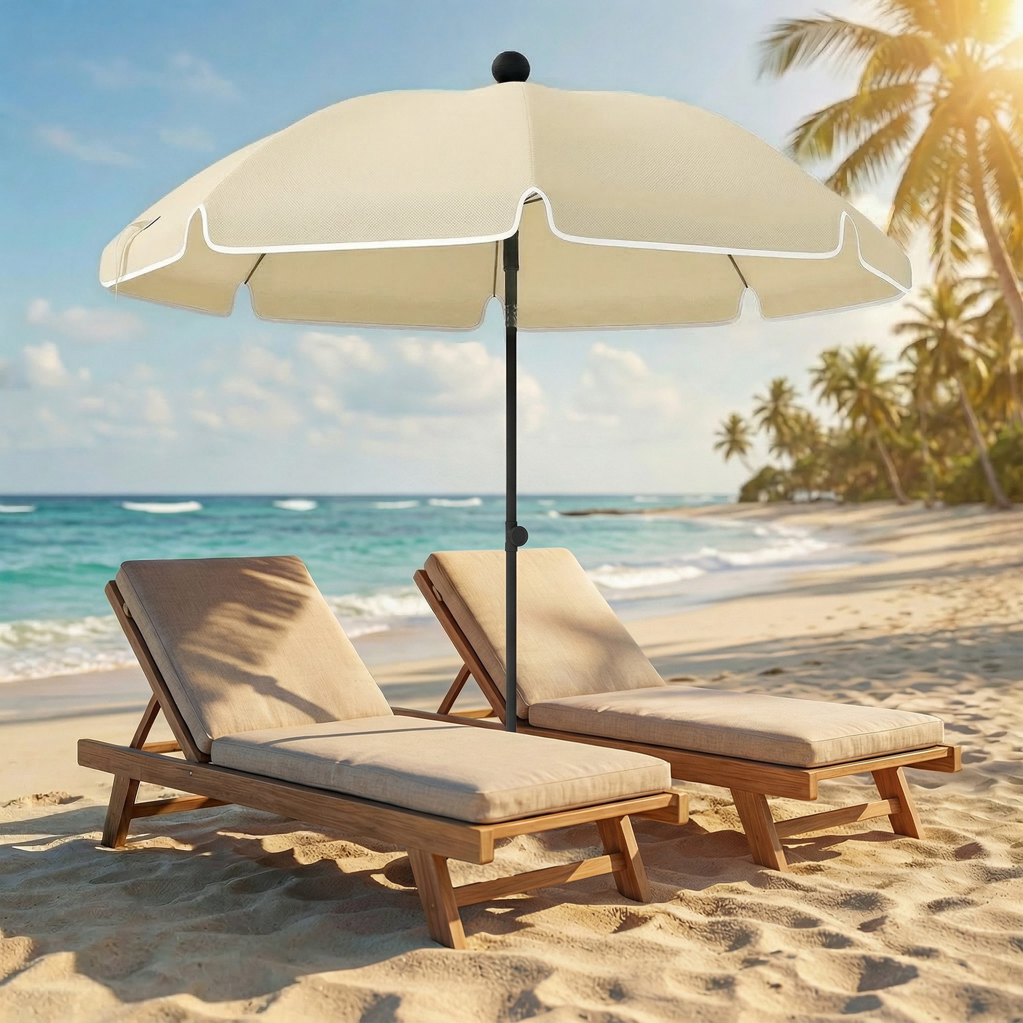 Outsunny Sonnenschirm faltbar Strandschirm mit Sonnenschutz verstellbar Neigung Tragetasche, LxB: 150x150 cm, Strandschirm, wasserabweisend Balkon-Schirm, für Reisen Strand Camping Beige
