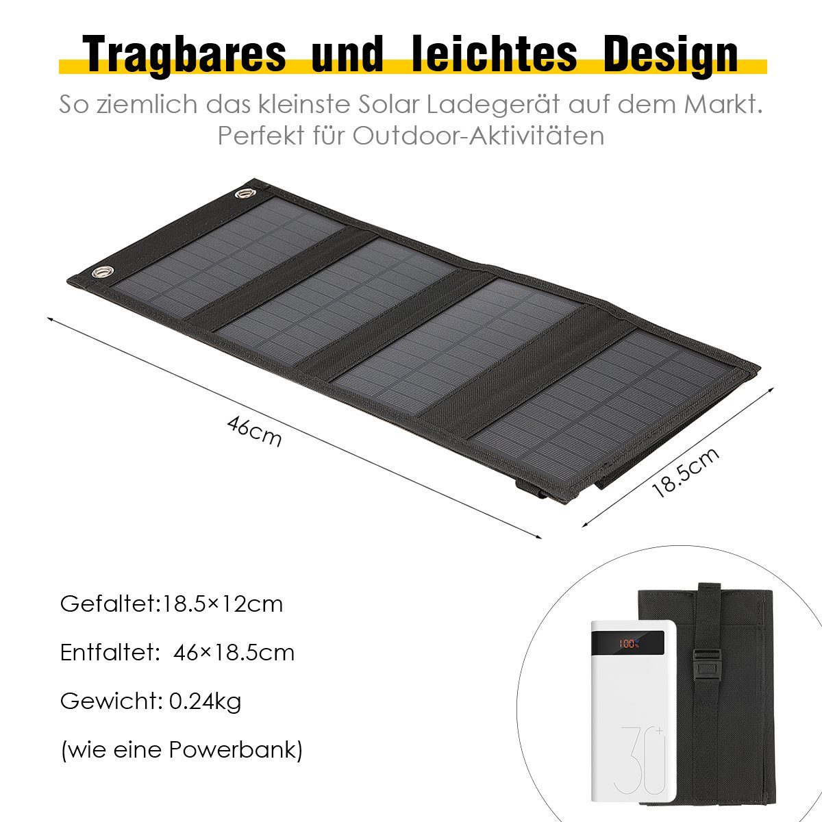 LETGOSPT Solarmodul 40W Tragbares ideal IP65, Touren/Aktivitäten Powerbank, Tablets, für Solarladegerät, Handy, mit Kompatibel Wasserdichte 40,00 USB-Solarladegerät, W