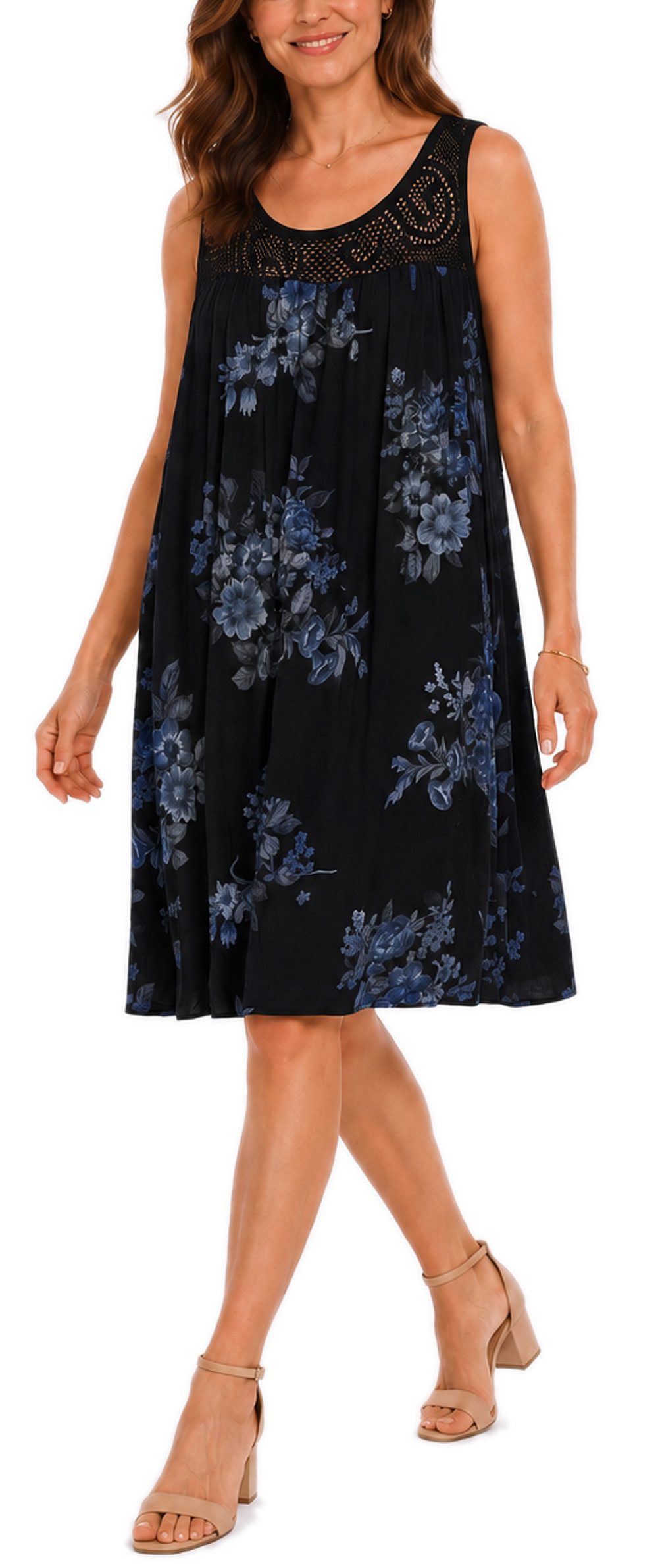 dy_mode Midikleid Damen Sommerkleid Blumenmuster Midi Kleid Strandkleid knielang Knielang, Transparente Häkel-Einsatz im Dekolleté- und Rückenbereich