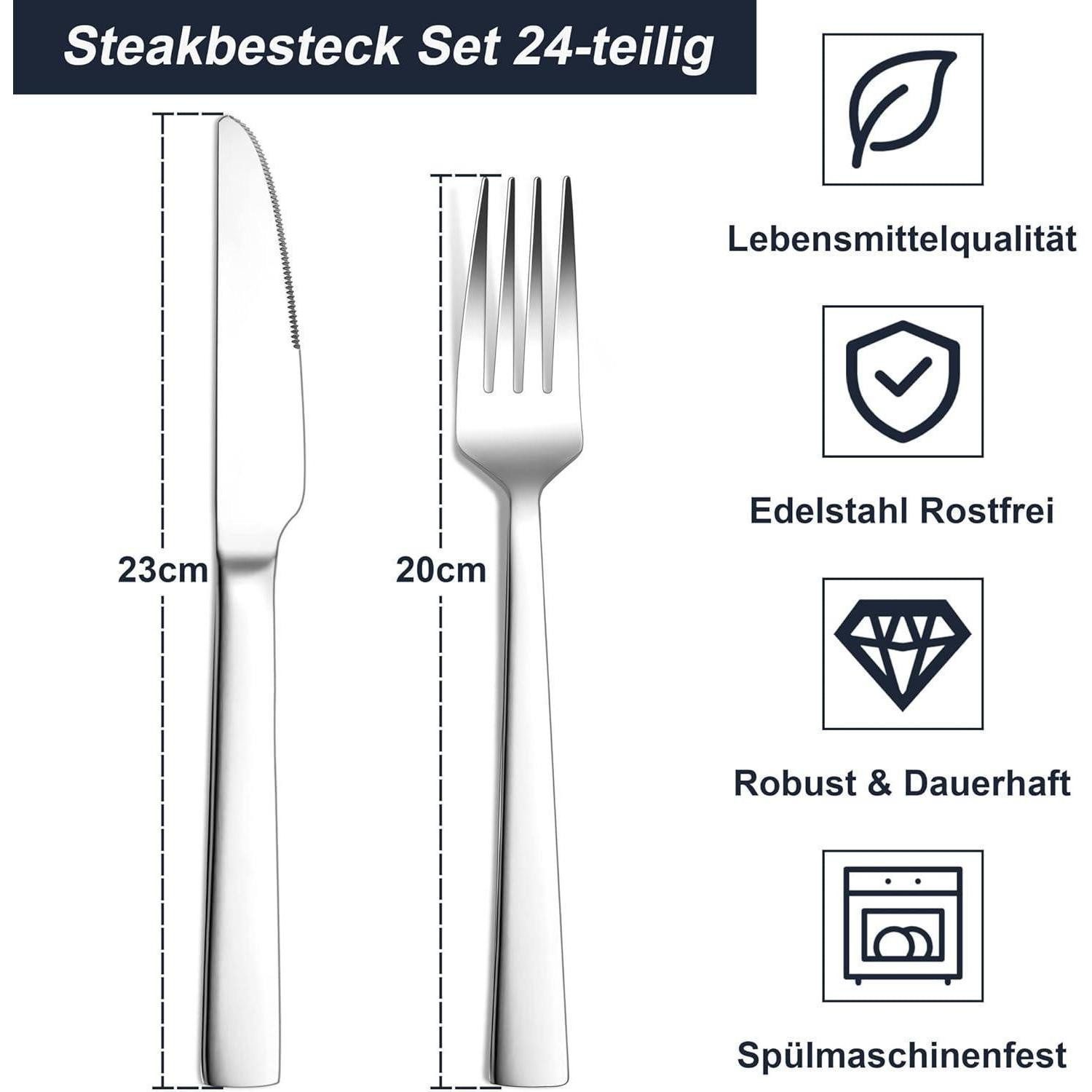 Herogo Steakbesteck 24-tlg. Steakbesteck-Set Edelstahl für 12 Personen Silber Steakmesser