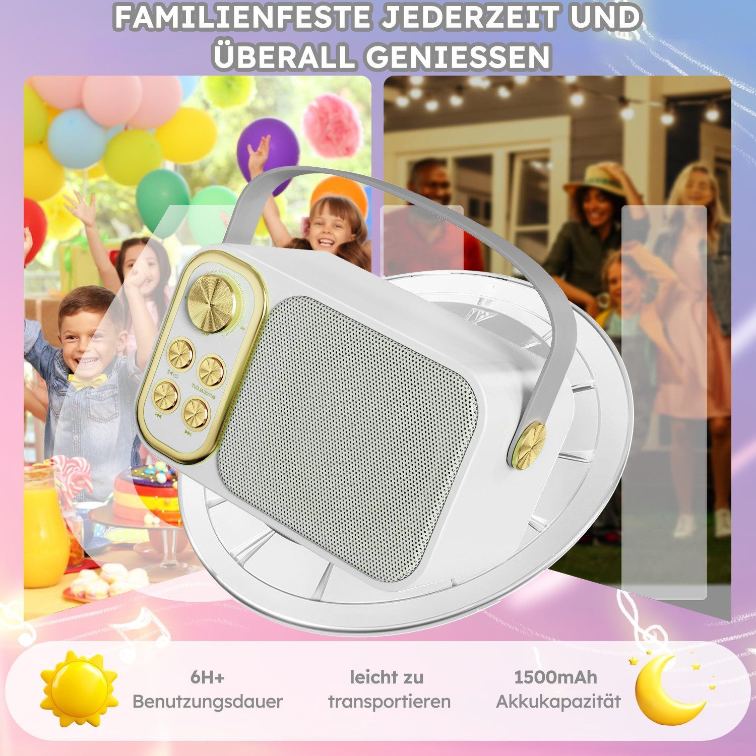 MOPUEA Mikrofon Karaoke Maschine mit 2 Mikrofonen Bluetooth-Lautsprecher (Mini Karaoke Anlage mit 7 Stimmeffekten), Perfekt für Partys und Geburtstage