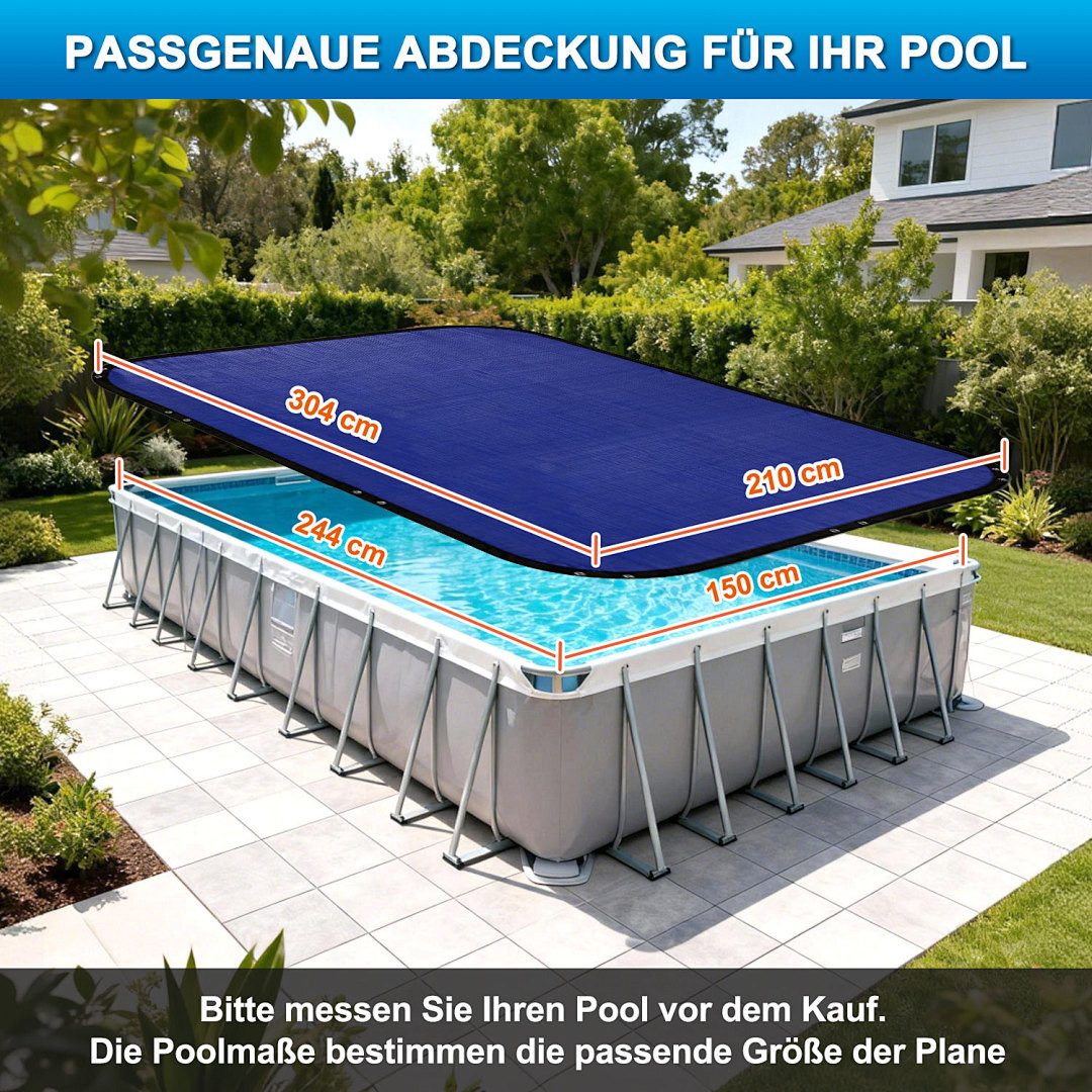 Clanmacy Pool-Abdeckplane Pool-Abdeckplane PE rechteckig Blau/Schwarz mit Ösen & Stahlseil