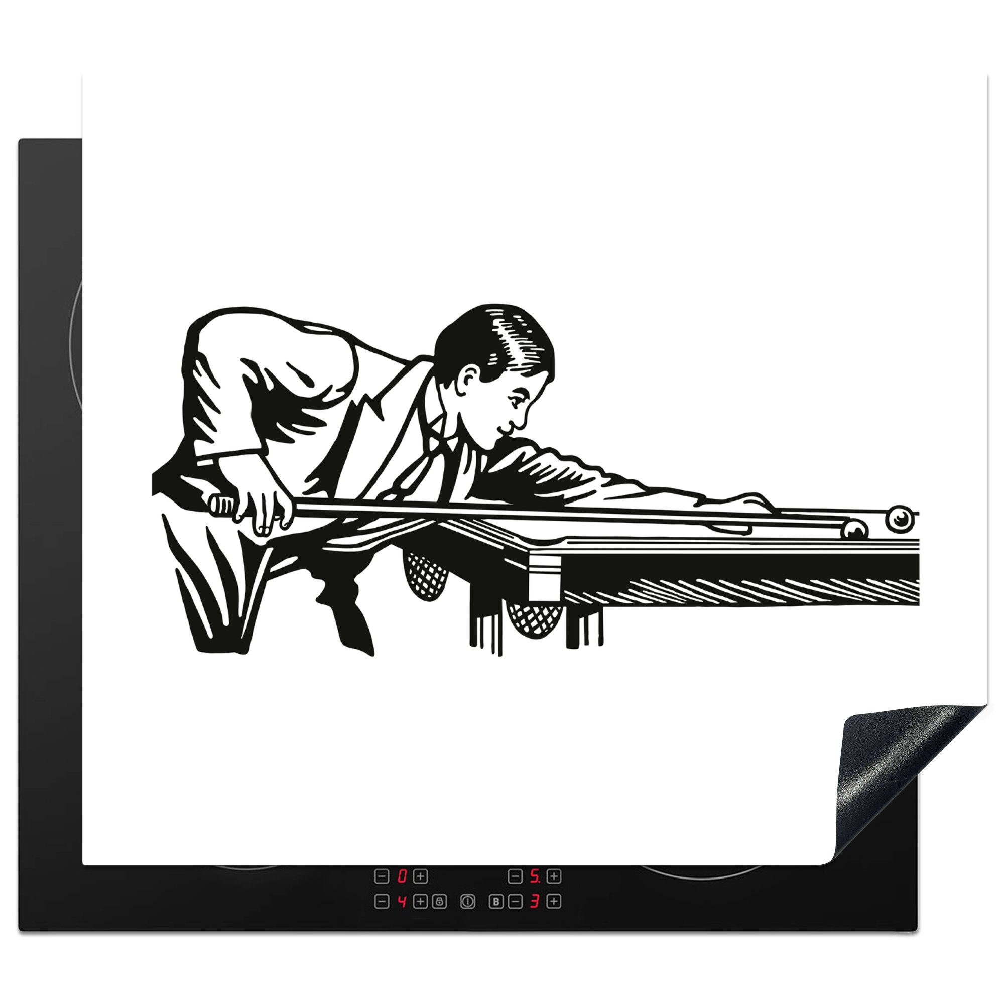 MuchoWow Herdblende-/Abdeckplatte Eine Schwarz-Weiß-Illustration eines Mannes, der Billard spielt, Vinyl, (1 tlg), 60x52 cm, Mobile Arbeitsfläche nutzbar, Ceranfeldabdeckung