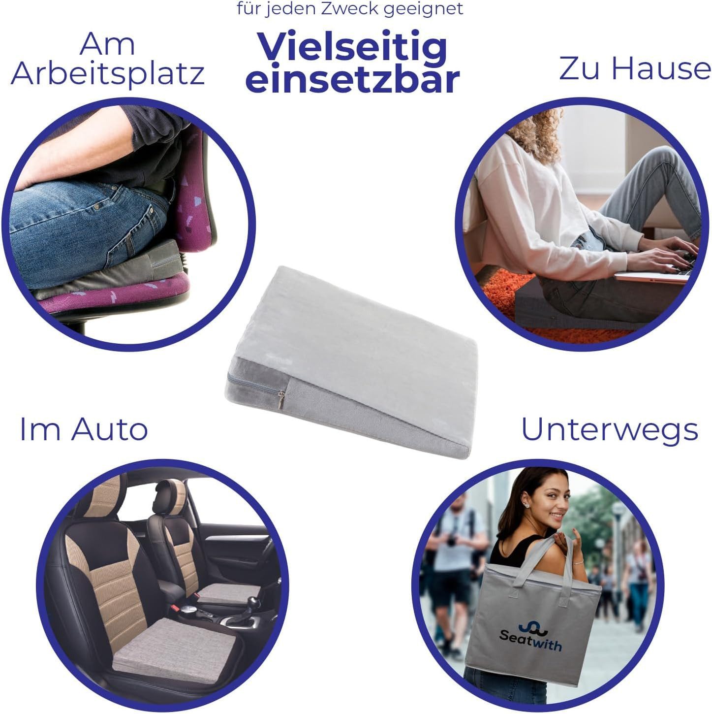 Seatwith Keilkissen - Bequemer Sitzkeil mit weichem Bezug und Tragetasche, sorgt für richtige Körperhaltung, und maximales Wohlbefinden, Auto, Home-Office