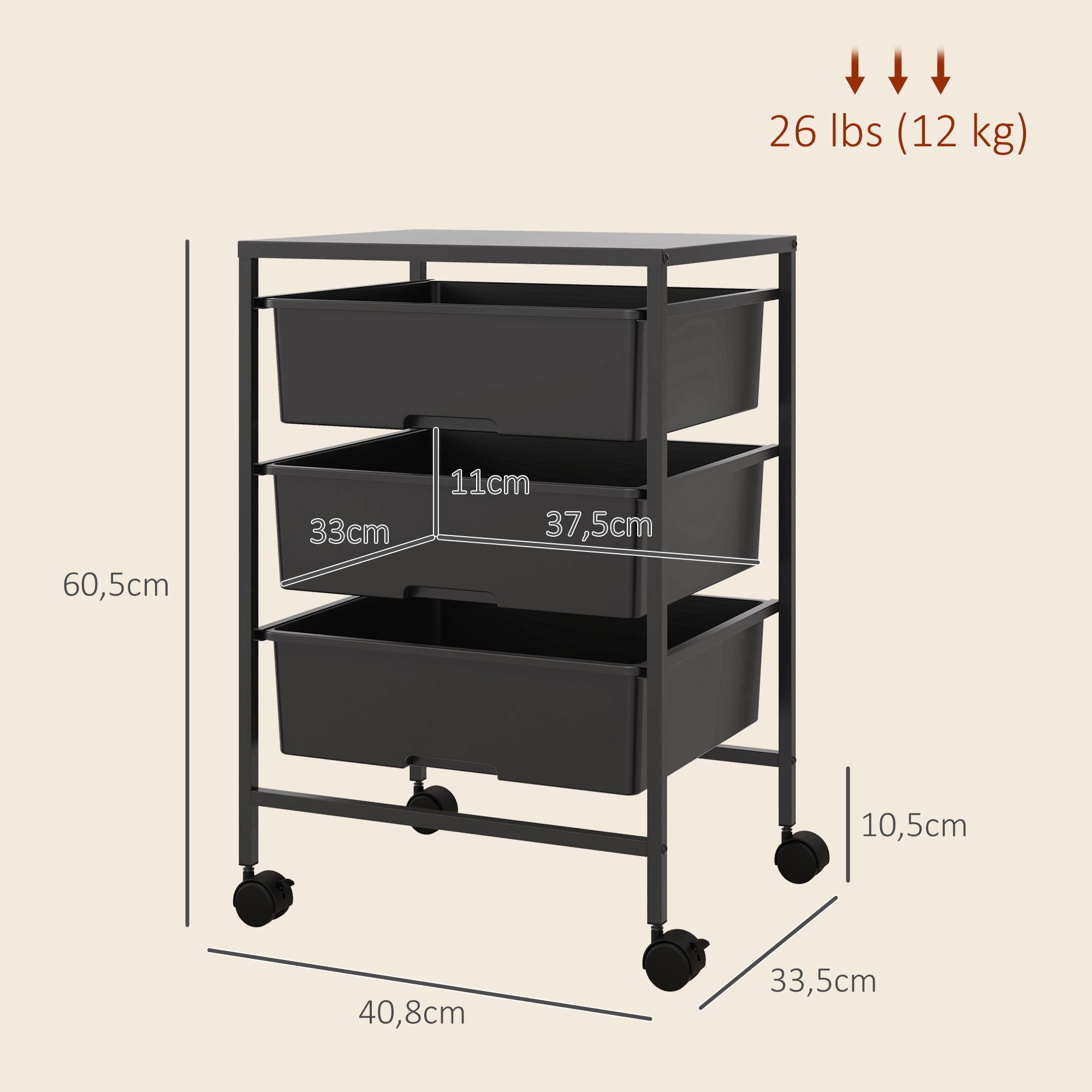 HOMCOM Servierwagen mit Rädern, 3-Lagerkörben und Stahlrahmen, (Rollwagen, 1 St., Aufbewahrungswagen), für Küche, Wohnzimmer, 40,8 x 33,5 x 60,5 cm, Schwarz