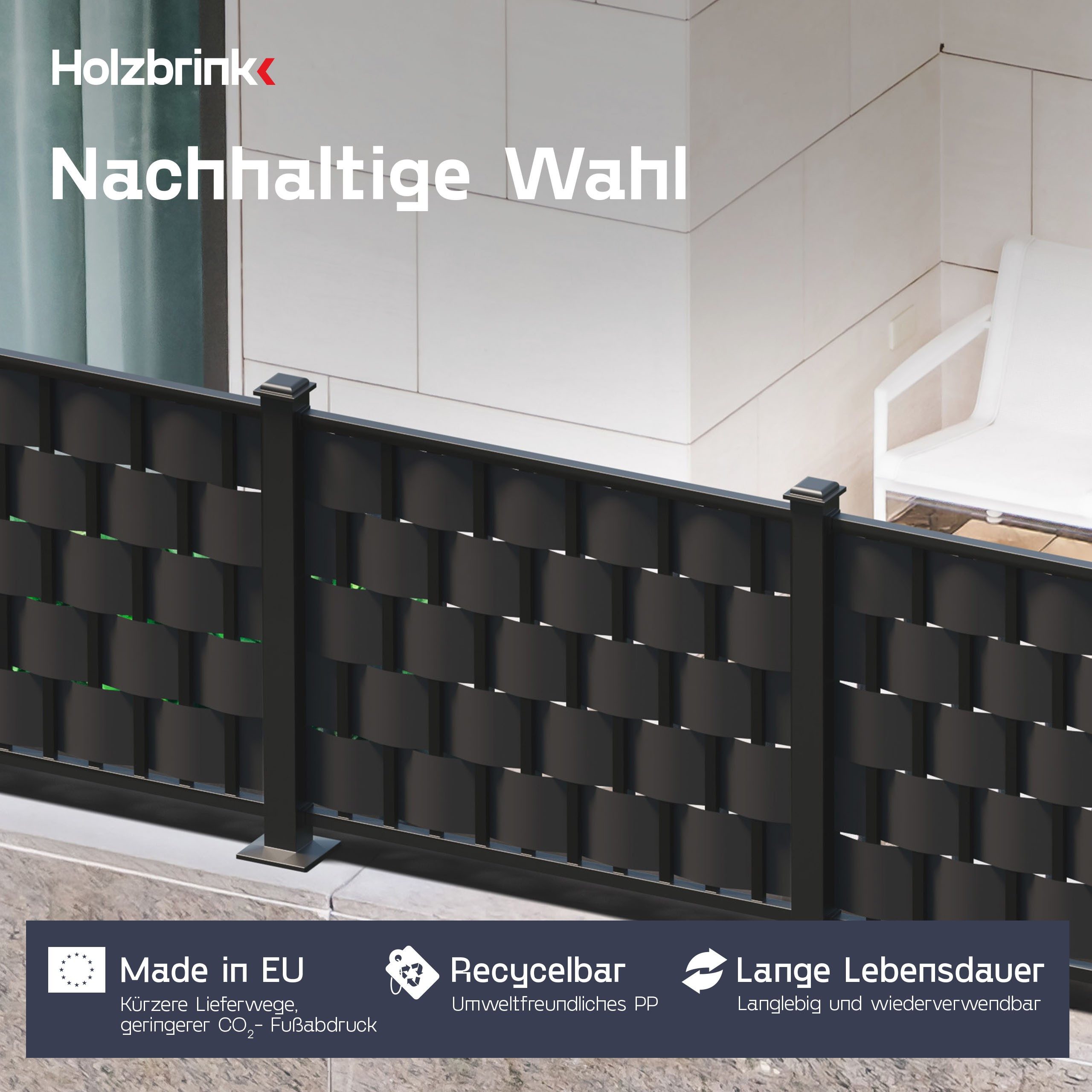 HOLZBRINK Sichtschutzstreifen aus PP für Doppelstabmattenzaun19 cm x 26 m Schwarz (RAL 9005), (26m Rolle), Sichtschutz Balkon, Garten, Terrasse Einzelstabmattenzaun