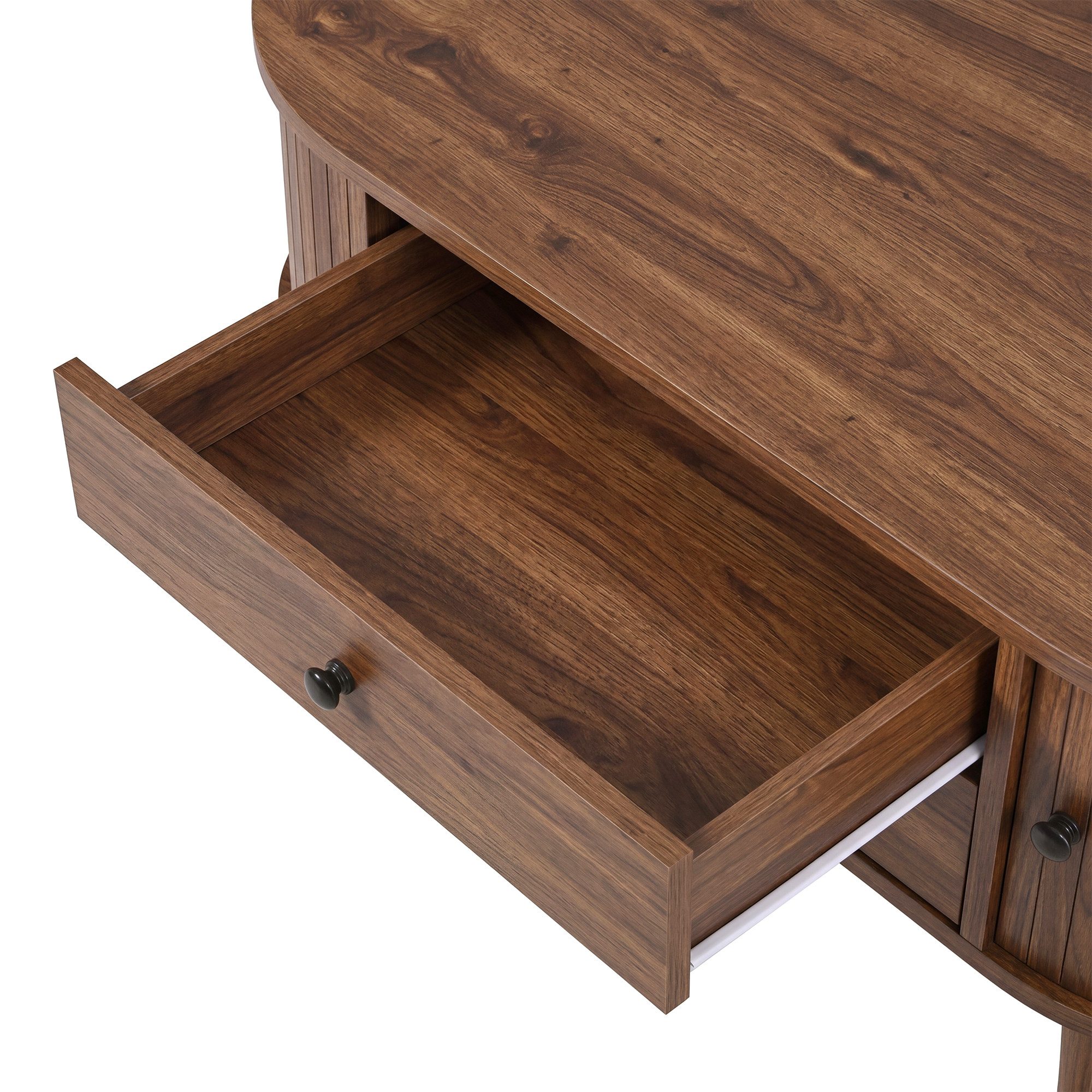 OKWISH Couchtisch Ovaler Tisch mit Schiebetüren, vertikalen Leisten (Packung, 1-St., geschlossener Stauraum, zeitlos & vielseitig), 100x40x50 cm, Nussbaum, 2 Schubladen