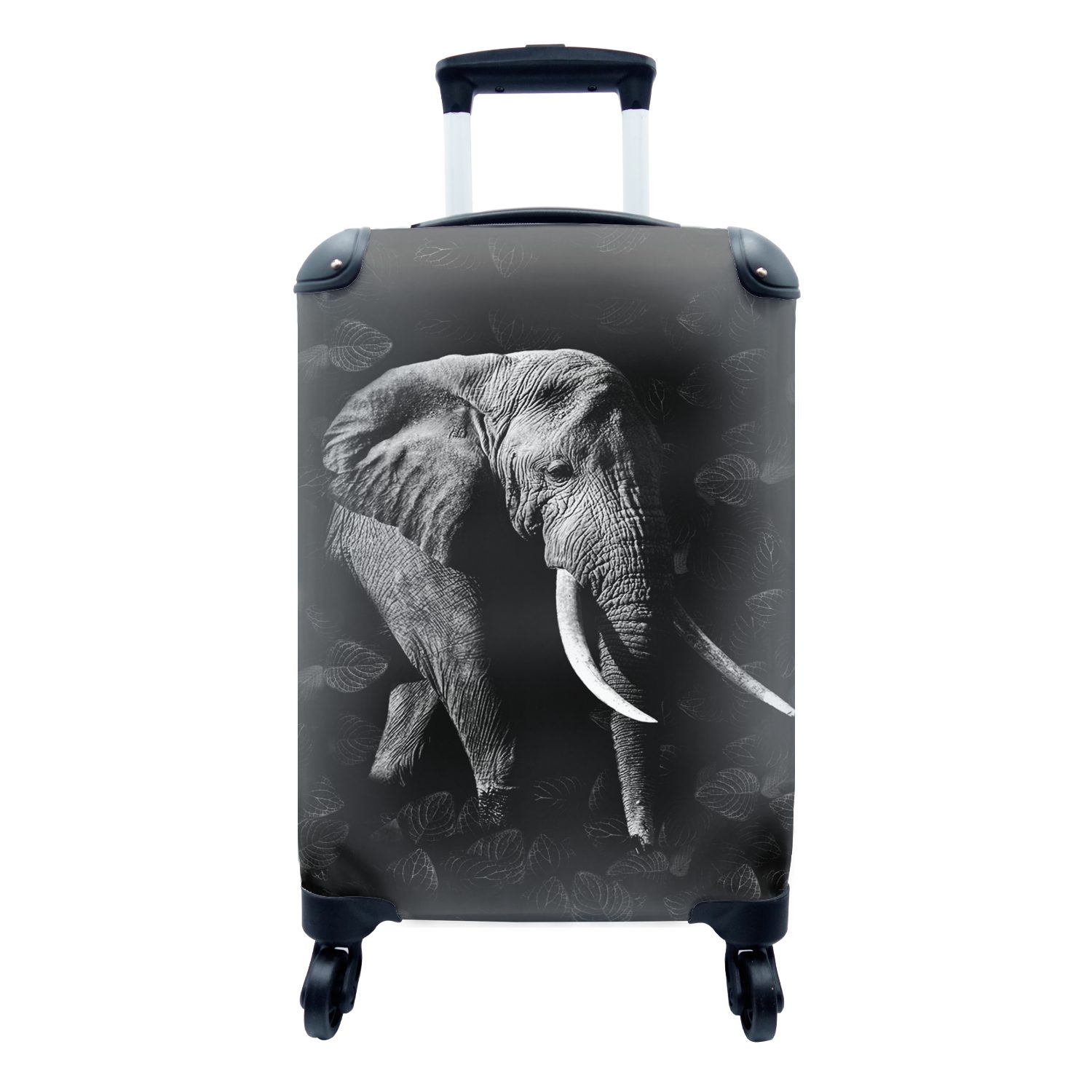 MuchoWow Handgepäckkoffer Botanischer Elefant auf dunklem Hintergrund - schwarz und weiß, 4 Rollen, Reisetasche mit rollen, Handgepäck für Ferien, Trolley, Reisekoffer