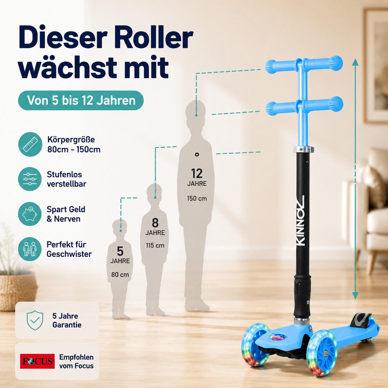 KINNAZ Dreiradscooter ab 5 Jahre, LED Räder, Höhe flexibel, faltbar, Roller Scooter Garantie, (Kinderroller, Kinnaz Two), faltbar, höhenverstellbar, LED Räder, Ersatzteilservice, aus Hamburg