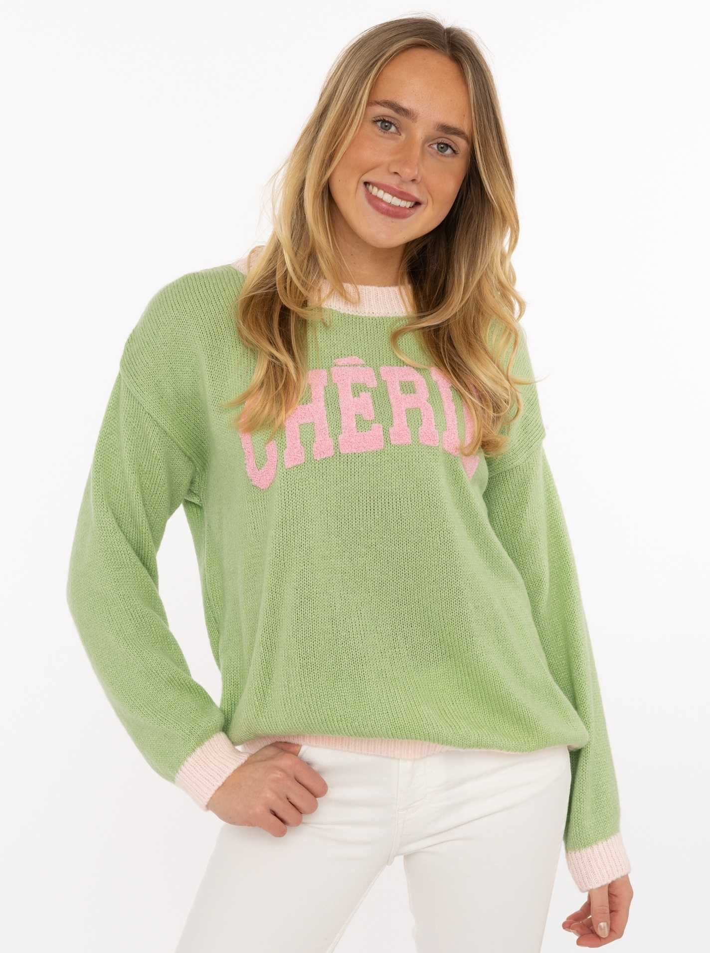 Zwillingsherz Strickpullover "Cherie" Rundhals, farbig abgesetzte Kanten, Schriftzug, One Size