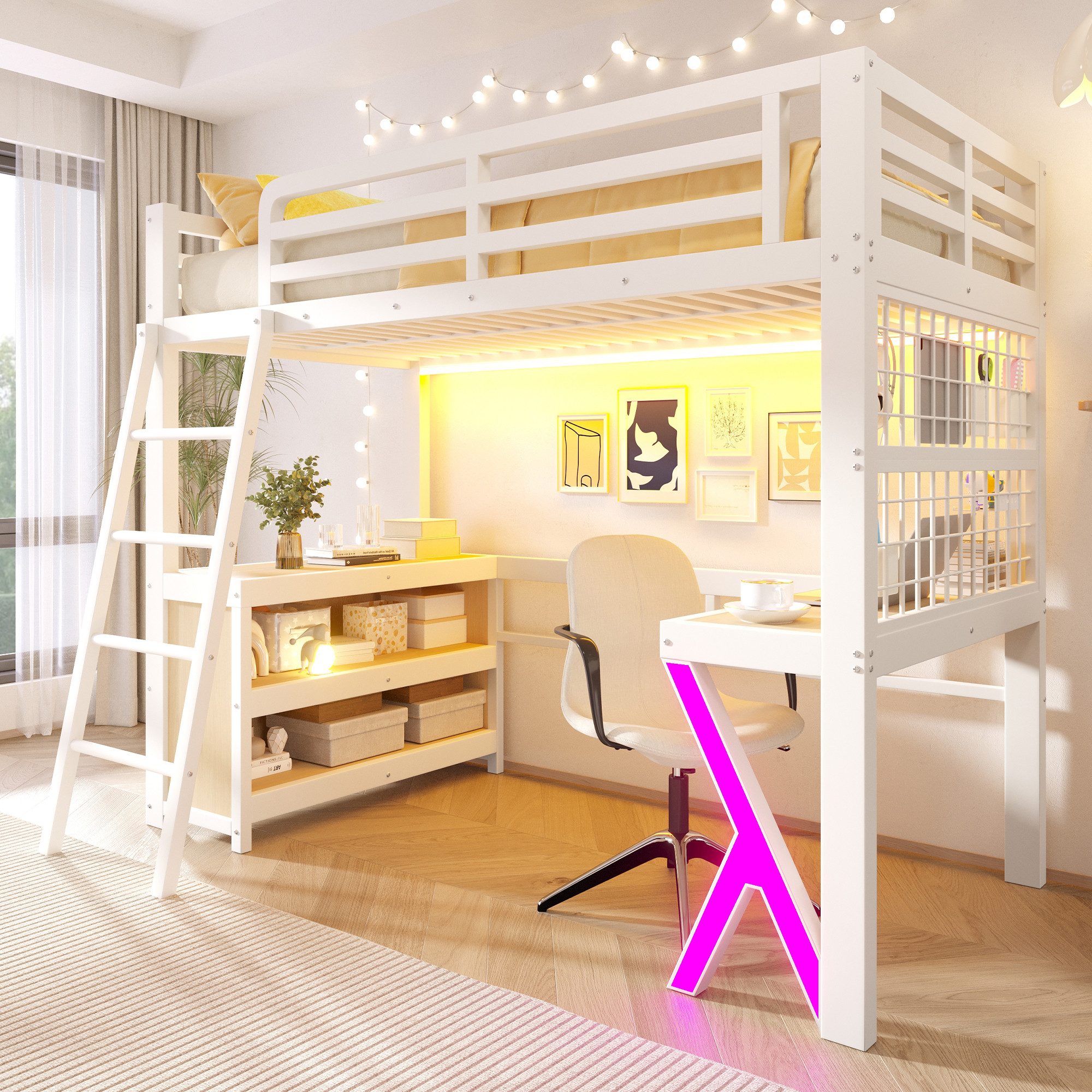 Ulife Hochbett Tisch, LED - Lichtleiste, Aufbewahrungsschrank, 90/140*200cm (3-St) Weiß