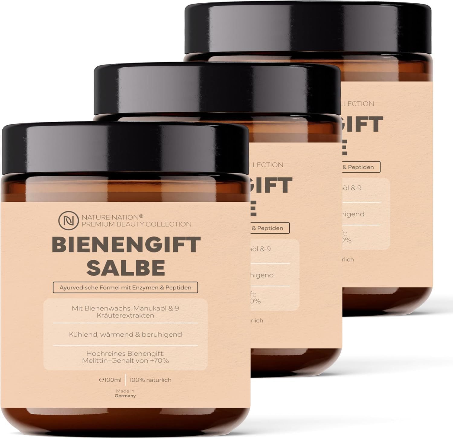 NATURE NATION Körpercreme Bienengiftsalbe: Bee Venom Creme, Bienenwachs, Kräuter; Kühlt & wärmt, 3-tlg., Hochreines Bee Venom mit >70% Melittin, 9 Kräuterextrakte