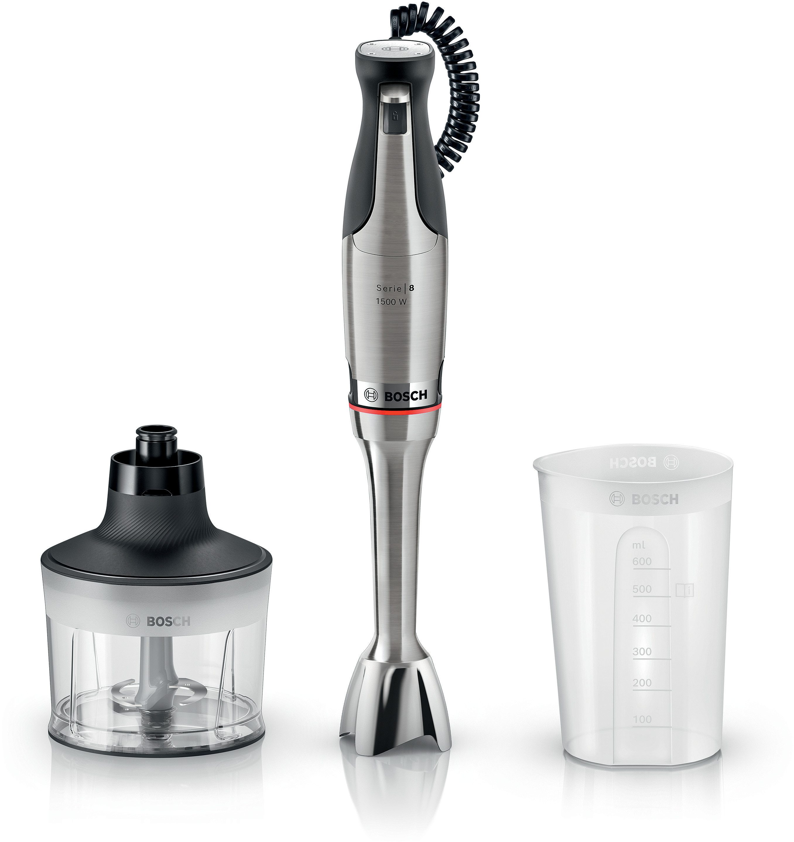 BOSCH Stabmixer ErgoMaster Serie 8, MSM8M930, Zerkleinerer, Spiralkabel, Becher, 1500 W, 6 Klingen Edelstahl, Keramikkupplung, luftgekühlter Motor