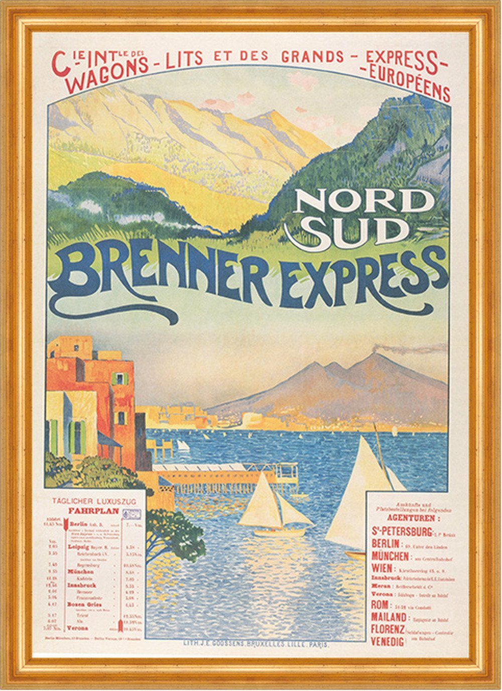 Kunstdruck Nord Süd Brennerexpress 1905 Fahrplan Plakat Werbung 351 Gerahmt