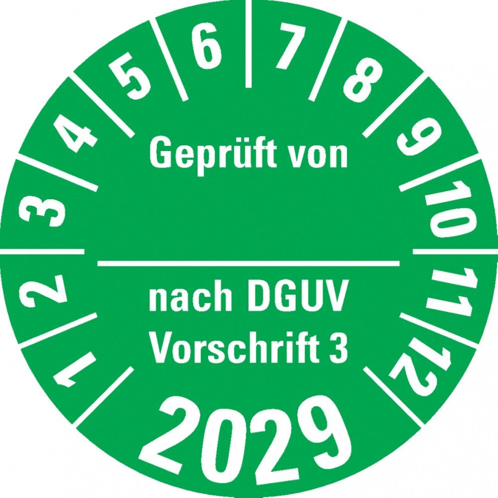 Hinweisschild Prüfplakette Geprüft von nach DGUV 3, 2029, grün, Folie, Ø 30mm, 108/H