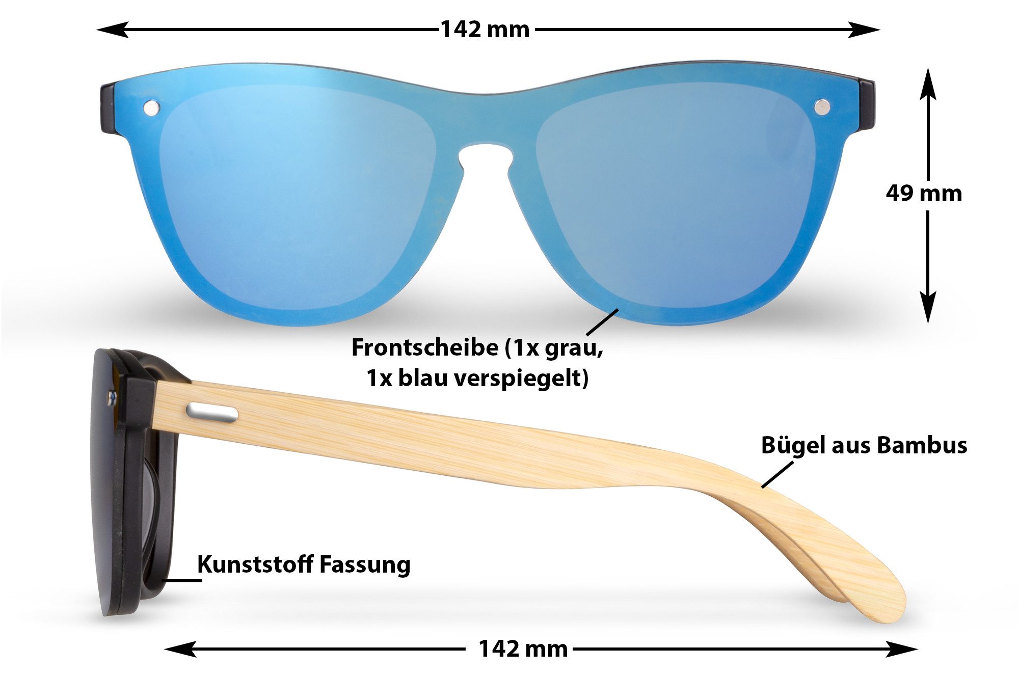 UrbanSky Sonnenbrille Shield Sonnenbrillen Doppelpack „Greg“ (2er-Pack, Sonnenbrillen-Set mit Einstecketui) verspiegelt - Bambusbügel & UV400