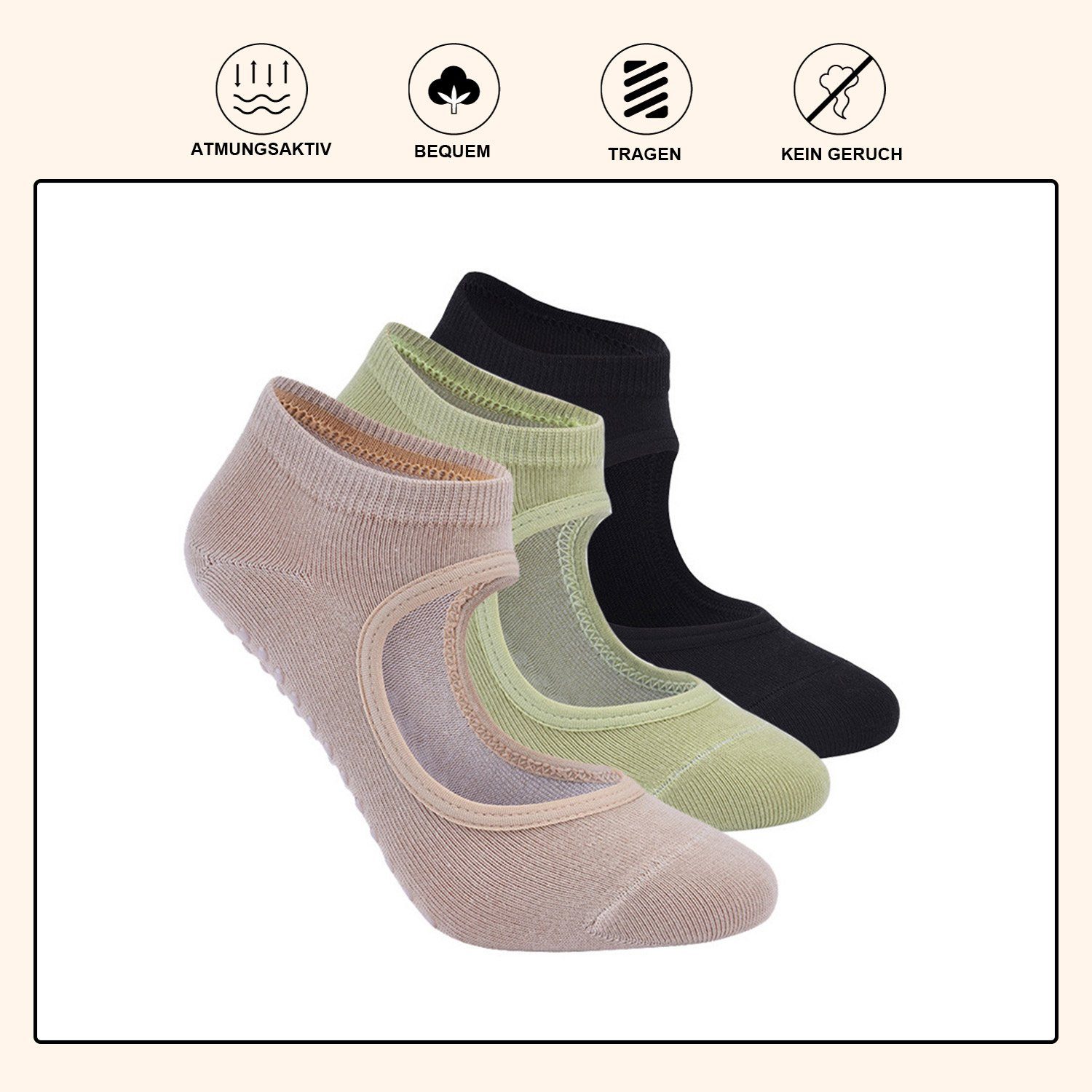 Sneakersocken Pilates für Grün+Schwarz+Beige Sock Rutschfeste Yoga Damen, 3 Paare Daisred Socken