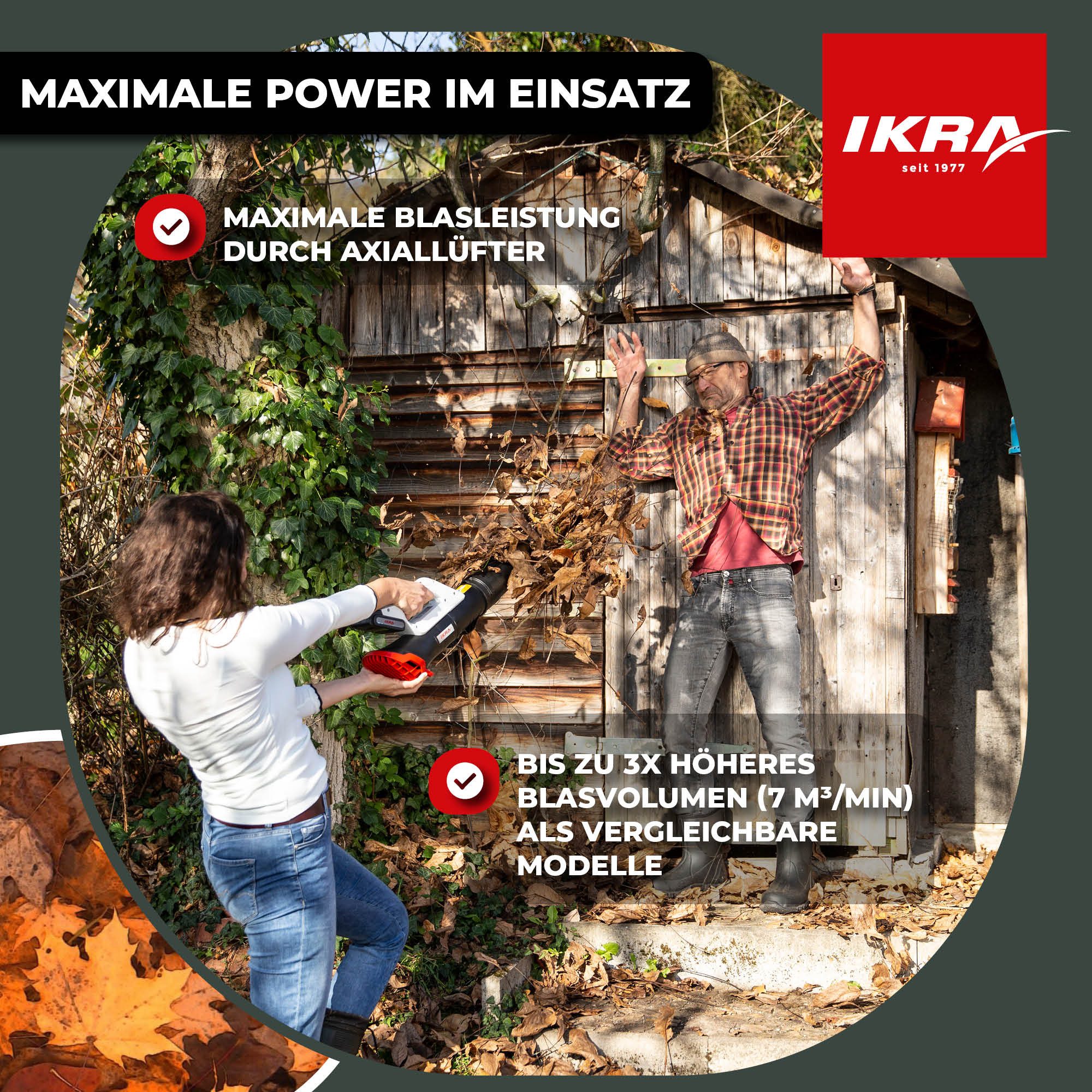 ikra GmbH Akku-Laubbläser ICB 20, (inkl. 2 x 20V Akku (2,0 Ah & 2,5 Ah) & Schnelllader), Axial-Gebläse, bis zu 150 km/h, besonders leicht (1,8kg)