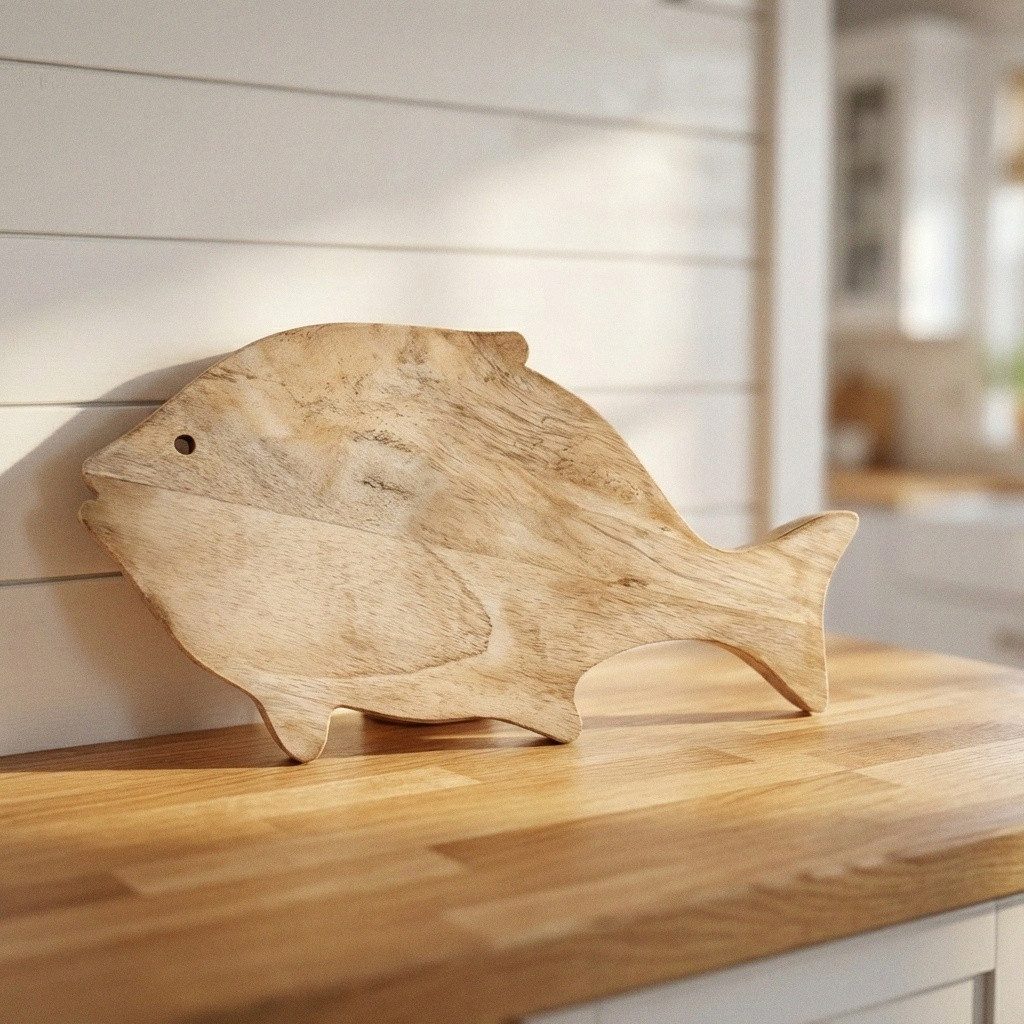 Antikas Wanddekoobjekt Schneide- und Servierbrett Fisch, Mangoholz natur, unbehandelt, L.38 – Bild 2 von 4