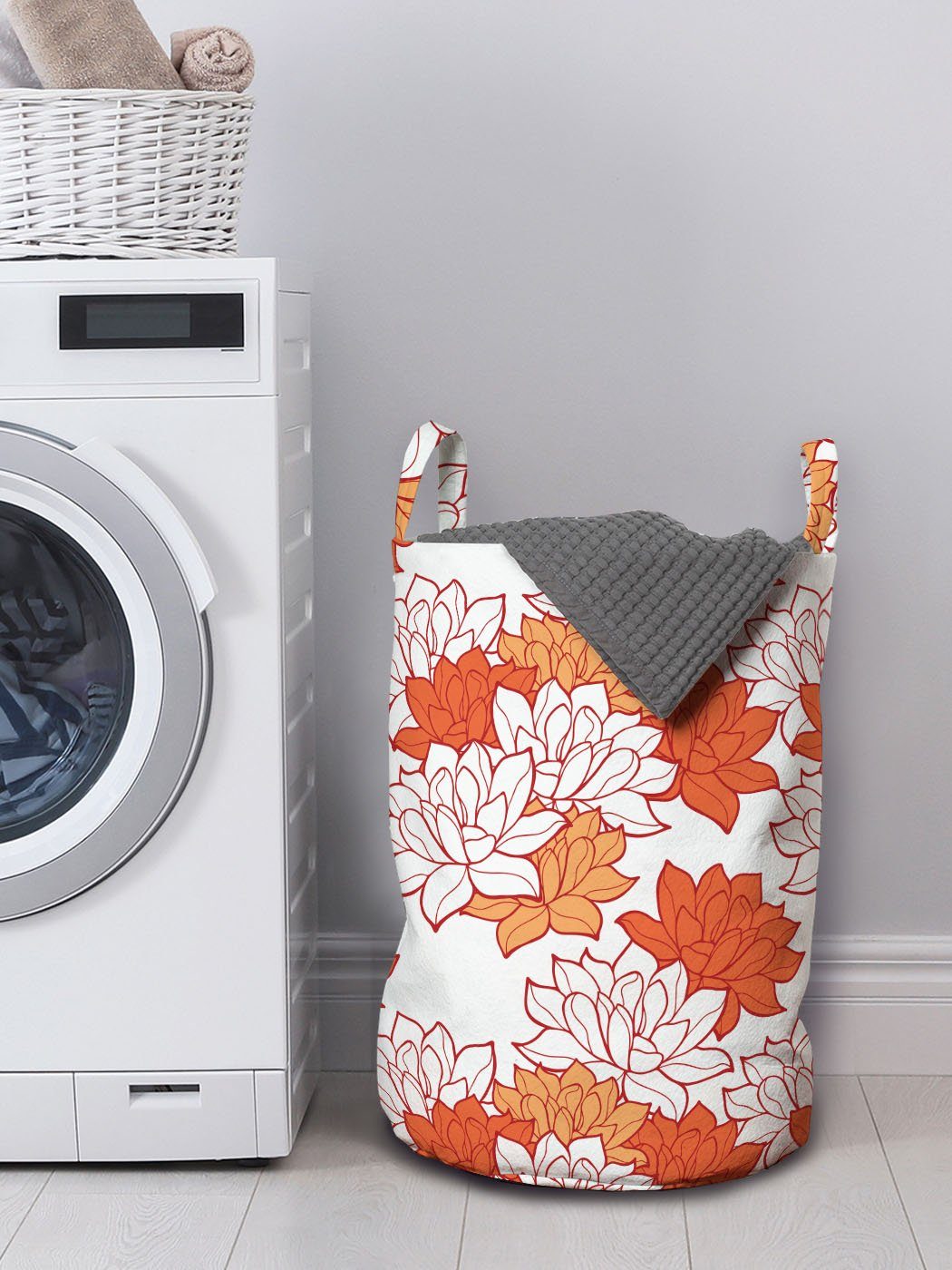 Abakuhaus Wäschesäckchen Wäschekorb mit Griffen für Waschsalons, Orange Lotus Kordelzugverschluss Blooming Leaves