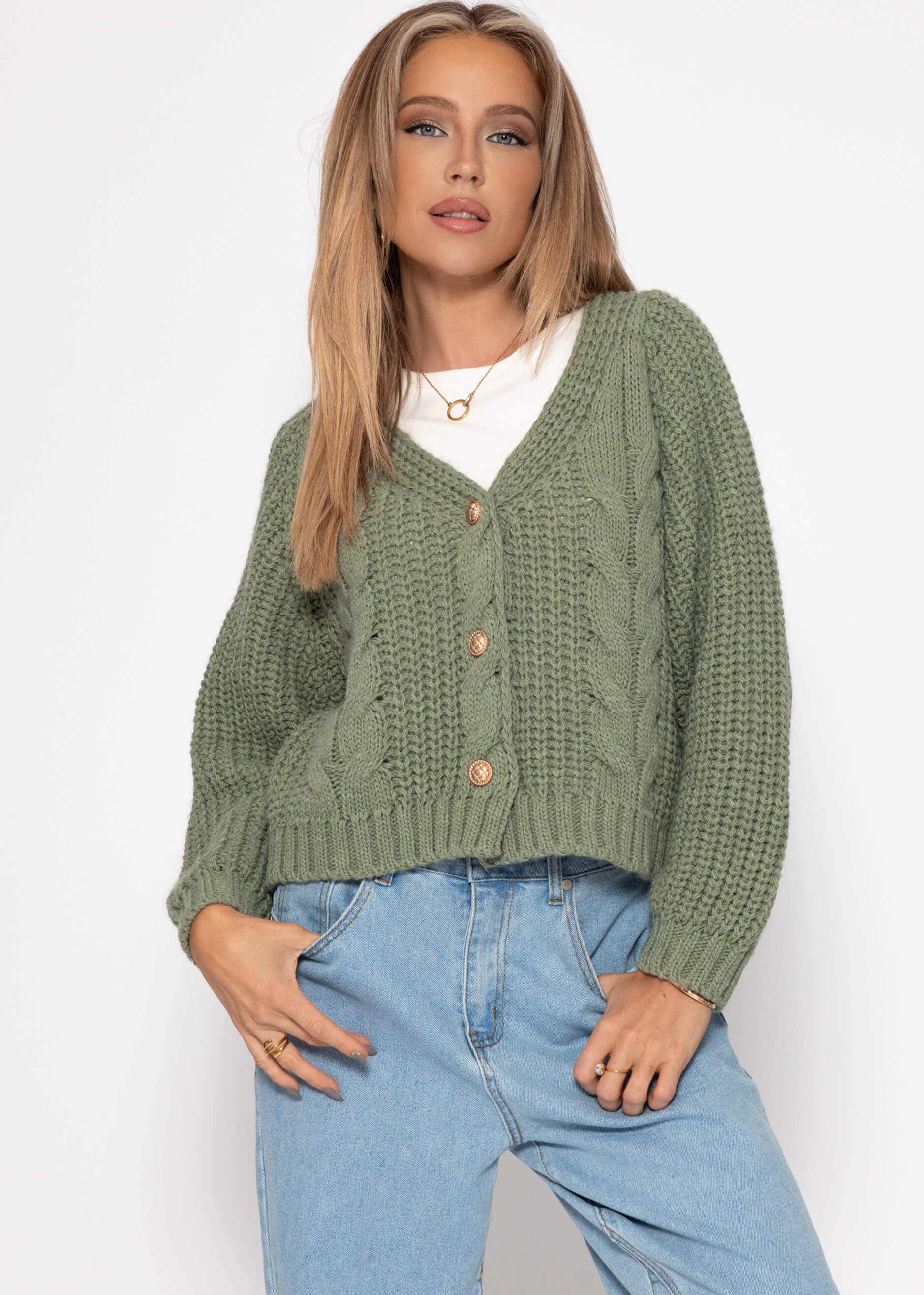 SASSYCLASSY Cardigan Zopfstrick-Cardigan mit Knopfleiste für Damen Lockerer günstig online kaufen