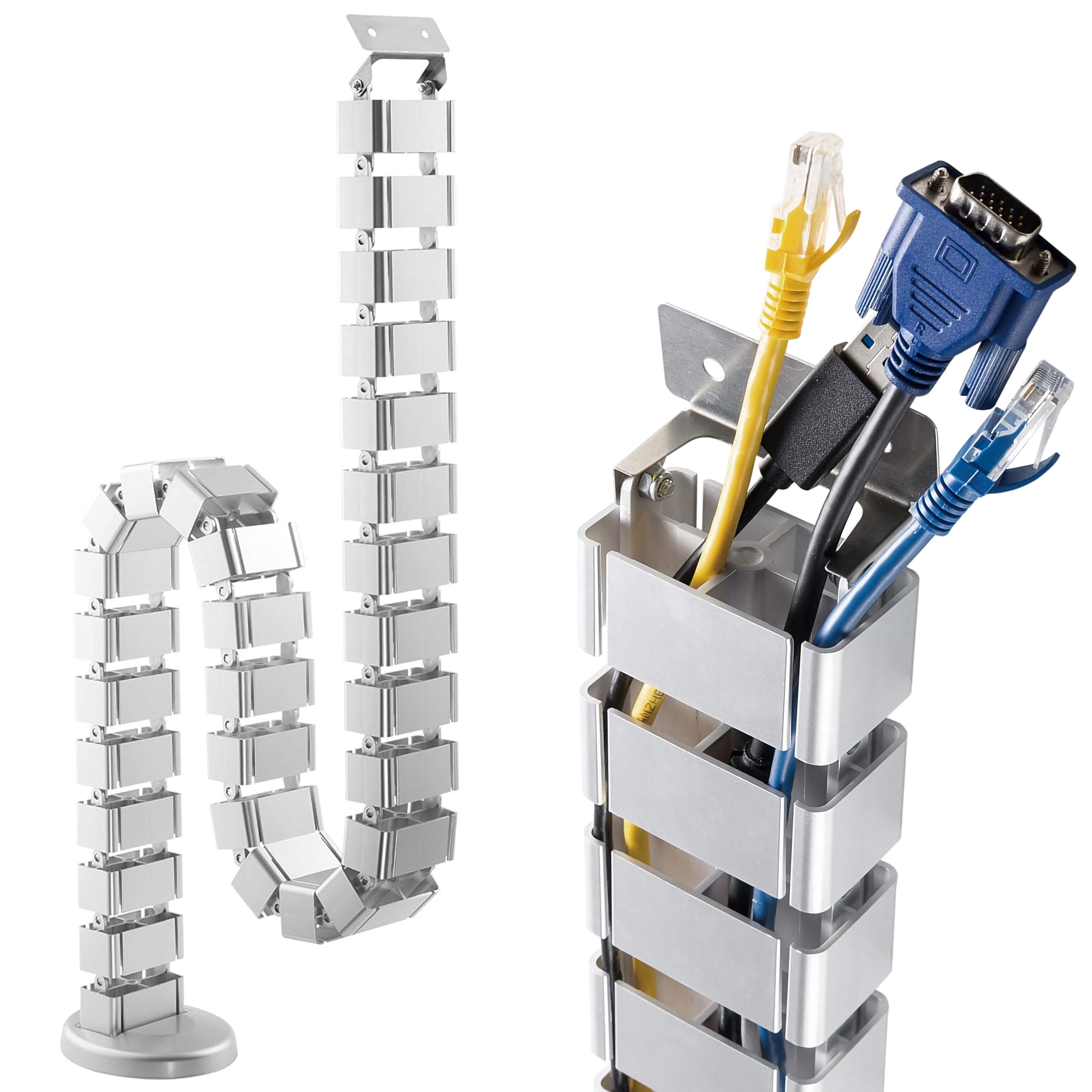 RICOO Kabelführung Flexibler Kabelkanal aus ABS mit einzelnen Wirbeln silber Z0101-S (Aus ABS-Kunststoff, 1280mm Gesamtlänge, Wirbelsäulen-Aufbau, 1-St., Kabelführung 128cm, Größe der Elemente 68 x 36 x 42 mm, kürzbar), Kabelkanal flexibel Wirbel-System Kabelmanagement am Schreibtisch