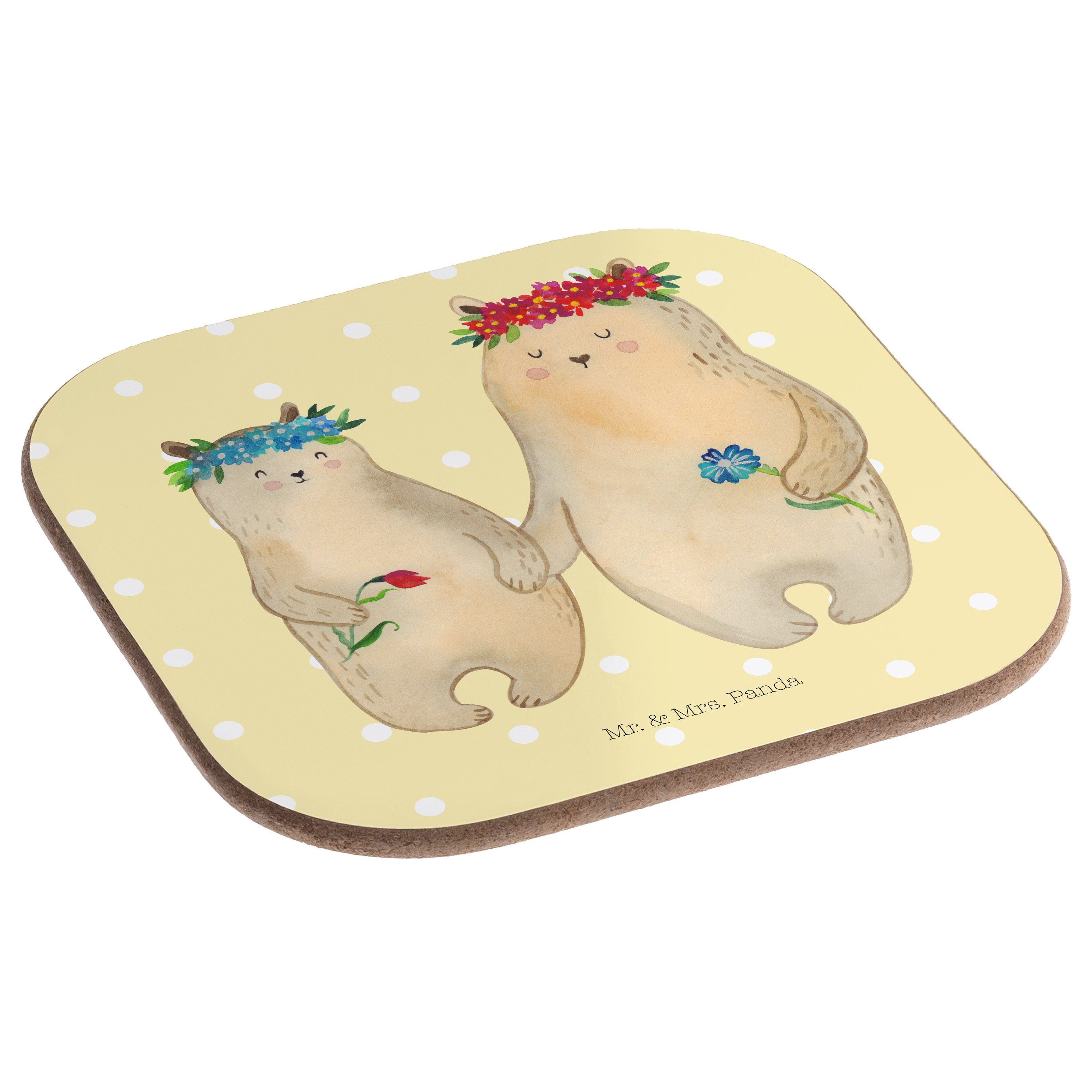 Mr. & Mrs. - Panda mit Pastell - Lieblingsmensch, Gelb Bären Geschenk, Blumenkranz 1-tlg. Kin, Getränkeuntersetzer