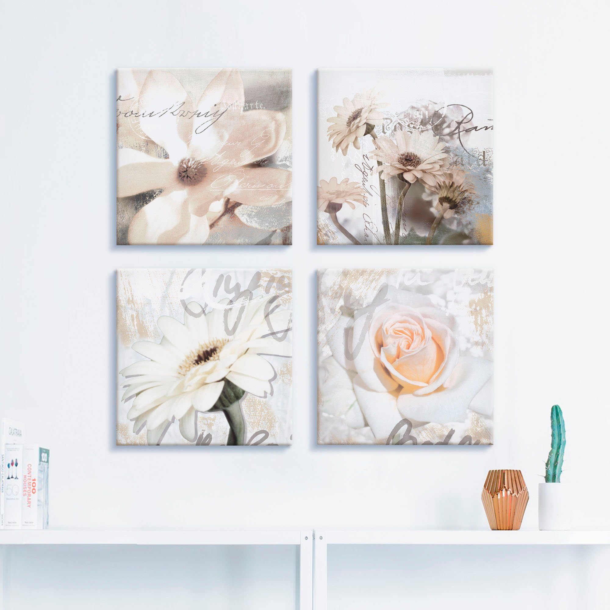 Artland Leinwandbild Magnolie Gerberas Rosen in Buchstaben, Blumen (4 St), 4er Set, verschiedene Größen