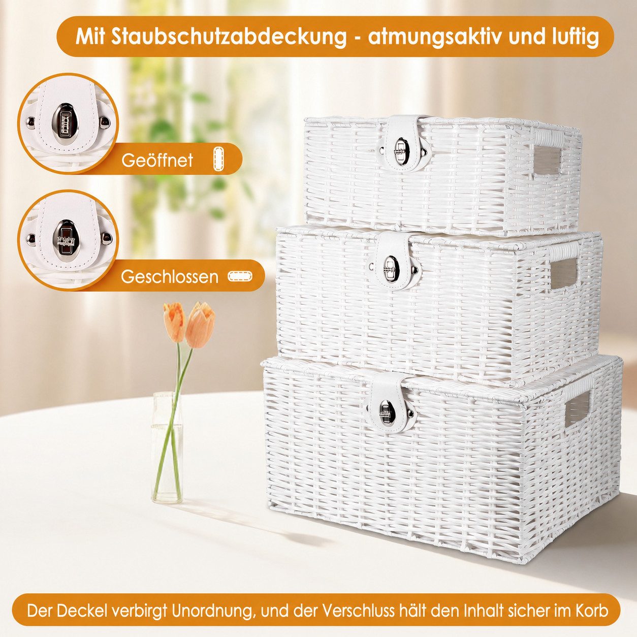 BlingBin Aufbewahrungskorb 3er Set Weiß Aufbewahrungskörbe aus PP-Rattan, mit Deckel & Schloss (3er-Set, 3 St., Größe L: ca. 36x28,5x18,5 cm, M: ca. 33x24x15 cm – Bild 4 von 5