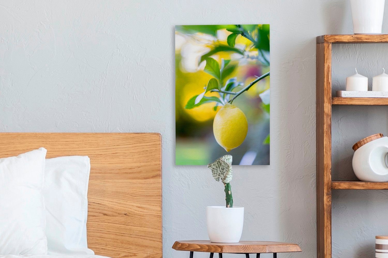 OneMillionCanvasses® Leinwandbild Zitrone hängt bespannt als cm Leinwandbild Hintergrund, bunter Zackenaufhänger, 20x30 fertig Gemälde, St), inkl. (1