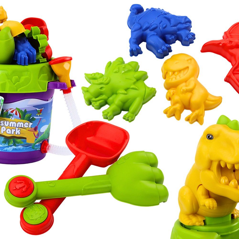 LEAN TOYS Sandeimer Sandspielzeug Strandspielset Sandkastenspielzeug, (Spar-Set, 1-tlg., 26 x 9,5 cm robust), Dusch-Eimer, Siebdeckel, Sandmühle, 4 Dino-Formen