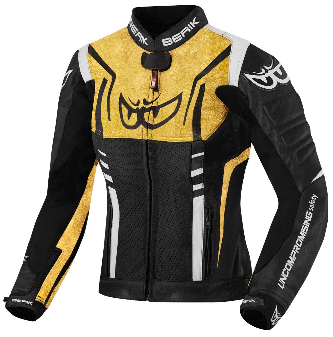 Black/White/Gold Berik Striper Motorrad Lederjacke Damen Motorradjacke