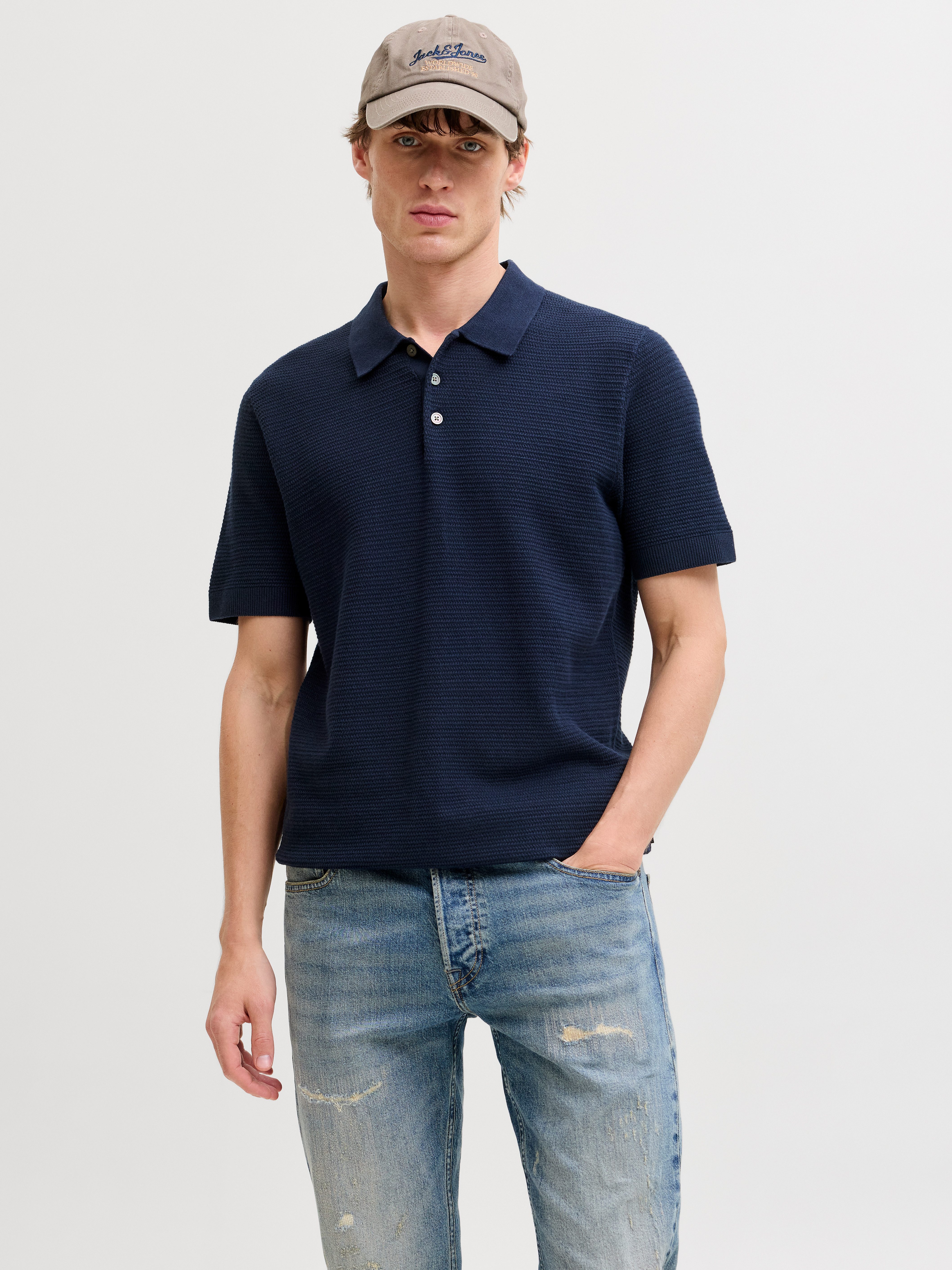 Jack & Jones Polokragenpullover JPRBLURILEY KNIT POLO SS SN Baumwolle, regular fit