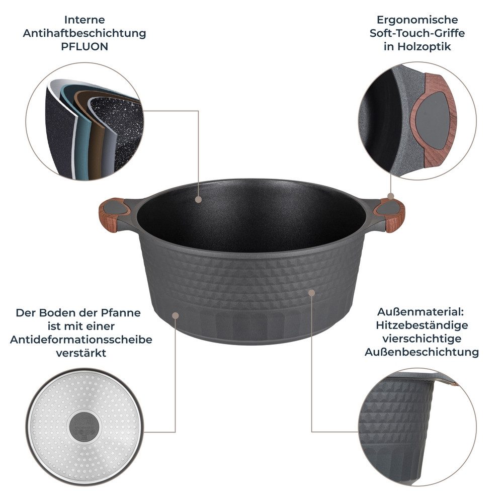 RESTO Kitchenware Kochtopf Capella, Schmortopf antihaftbeschichtet und spülmaschinenfest, Aluminiumguss (2-tlg), mit Glasdeckel und stoßdämpfendem Silikonrand, im Geschenkkarton