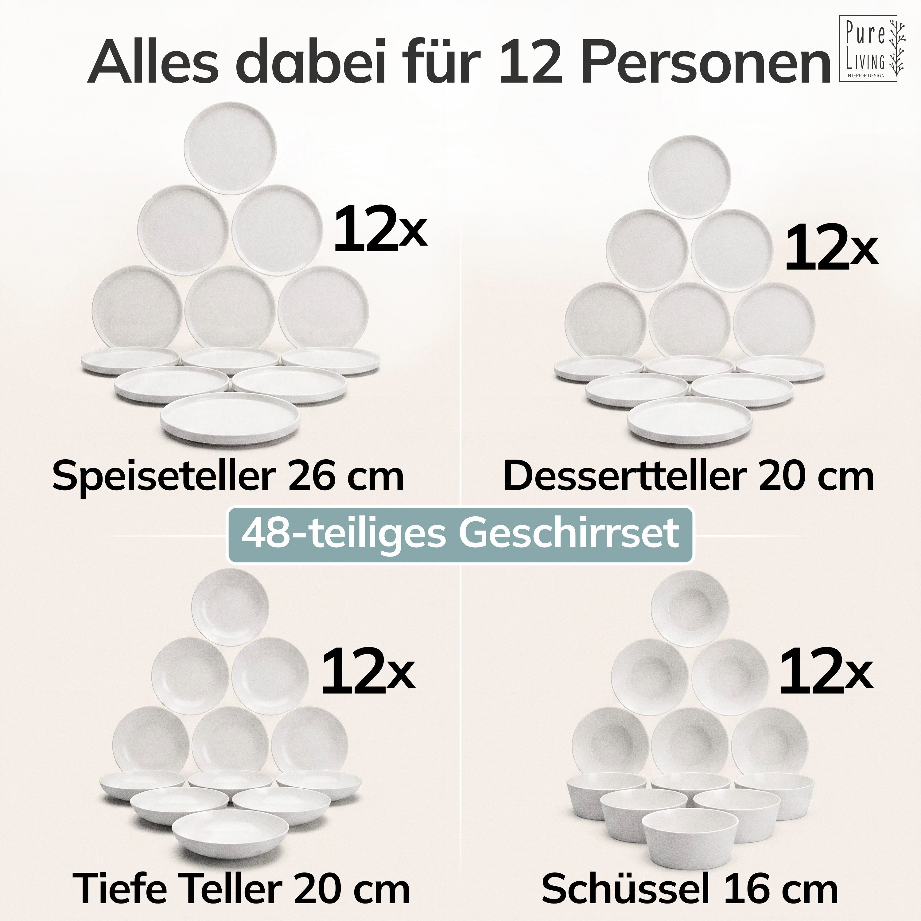 PURE LIVING INTERIOR DESIGN Geschirr-Set Crystal aus Porzellan, 48-tlg., für 12 Personen, Weiß (48-tlg), 12 Personen, Porzellan – Bild 5 von 5