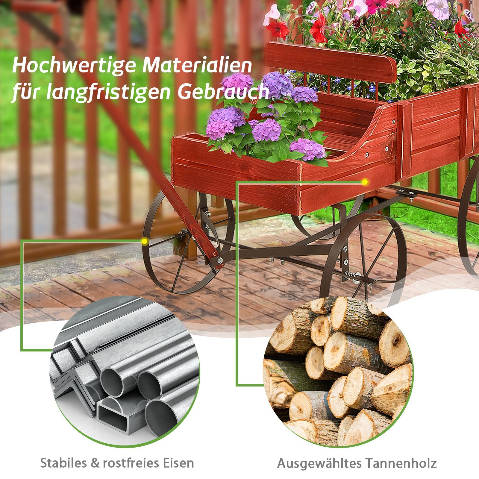 COSTWAY Blumenständer, Pflanzwagen mit 4 Metallrädern & Griff, 62x34x60cm
