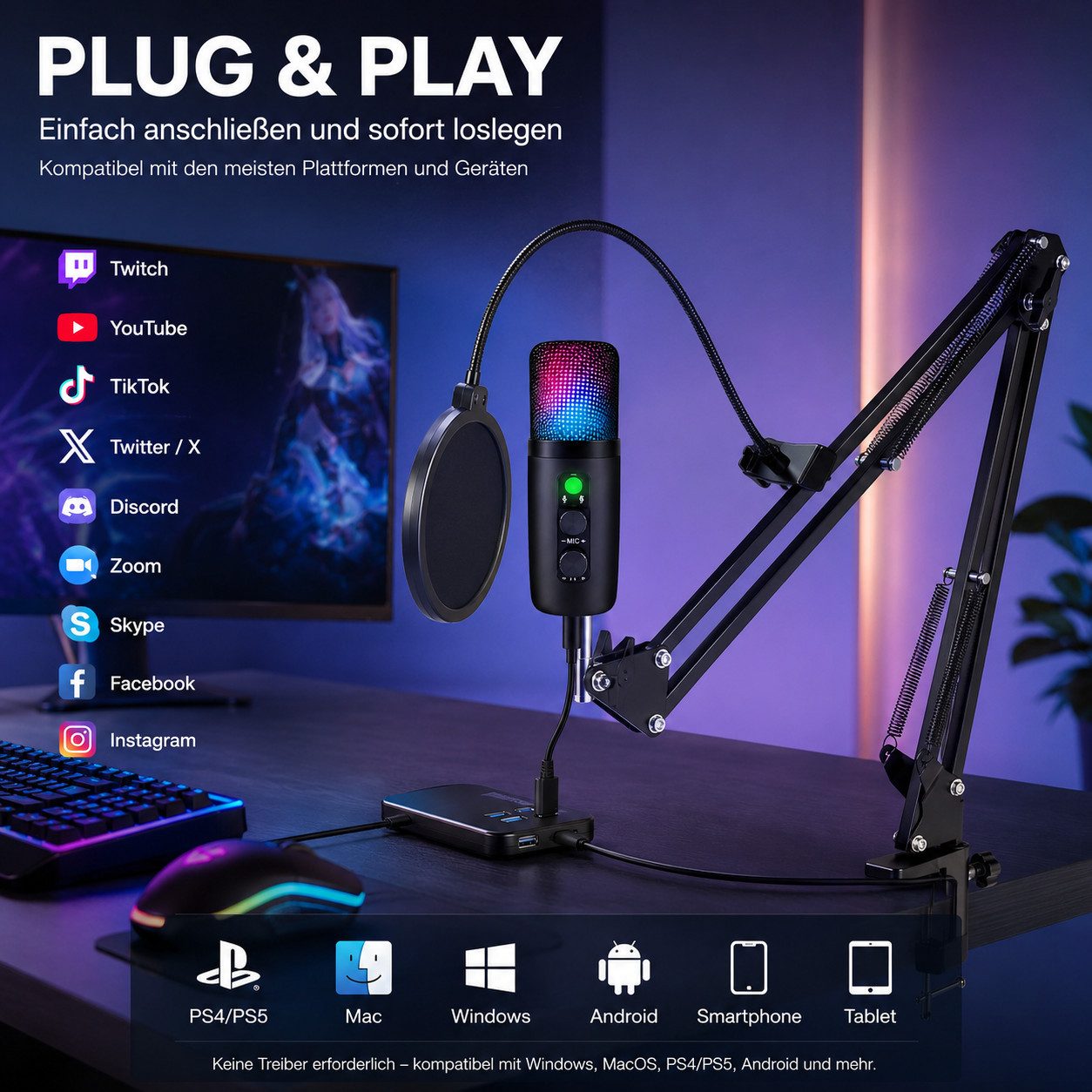 Toomoke Mikrofon USB Mikrofon Set mit Mikrofonarm, Gaming Kondensator RGB (mit Geräuschreduzierung, Stummschaltung und Kopfhörer Monitoring, Type-C-Adapter), (Set, 7-tlg), Streaming-Mikrofon,für Streams & Podcast