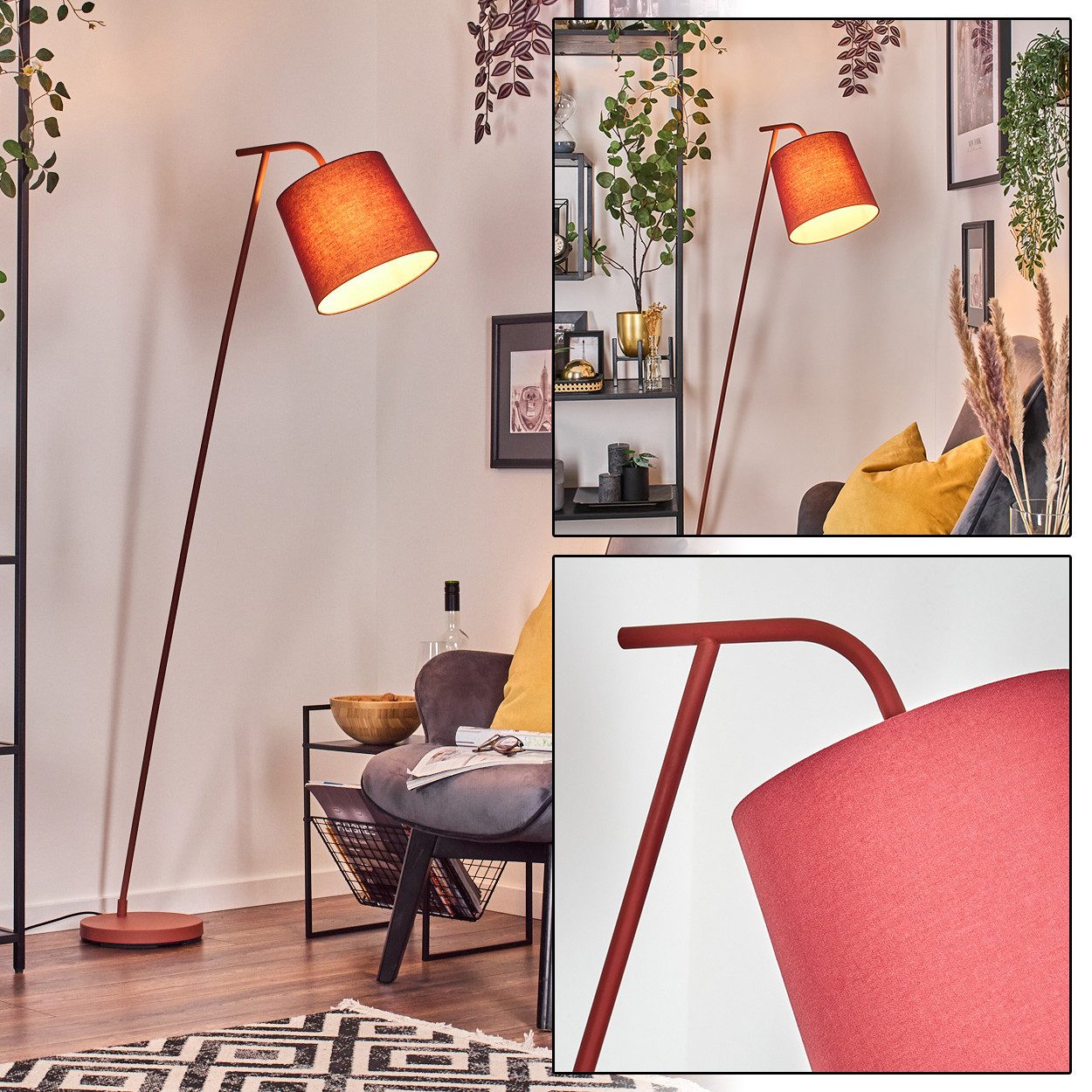 hofstein Stehlampe Stehlampe aus Metall/Stoff in Rot/Weiß, ohne Leuchtmittel, mit rundem Schirm (25 cm) u. Fußschalter, 1 x E27, ohne Leuchtmittel