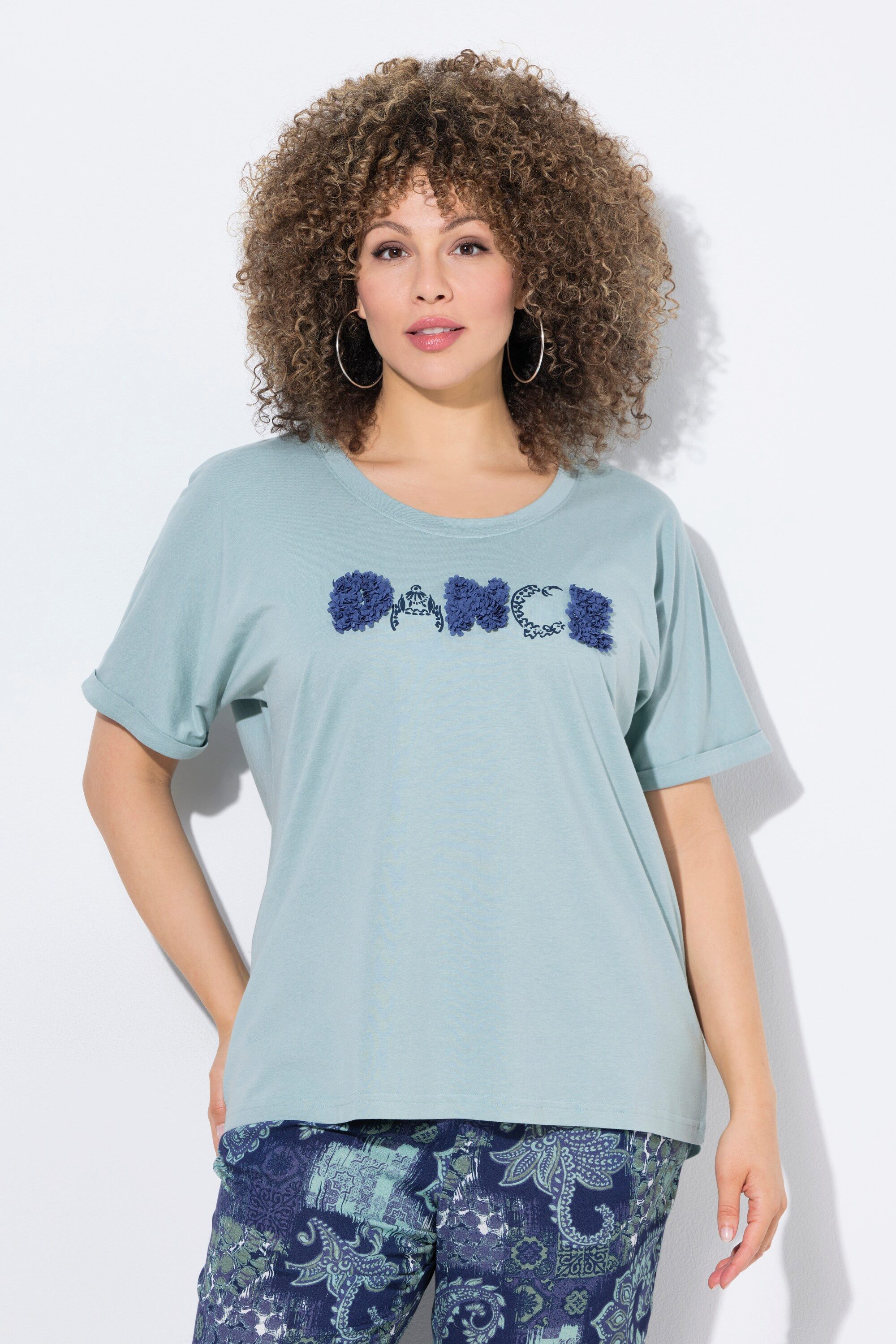 Ulla Popken T-Shirt T-Shirt Schriftmotiv Oversized Rundhals Halbarm günstig online kaufen
