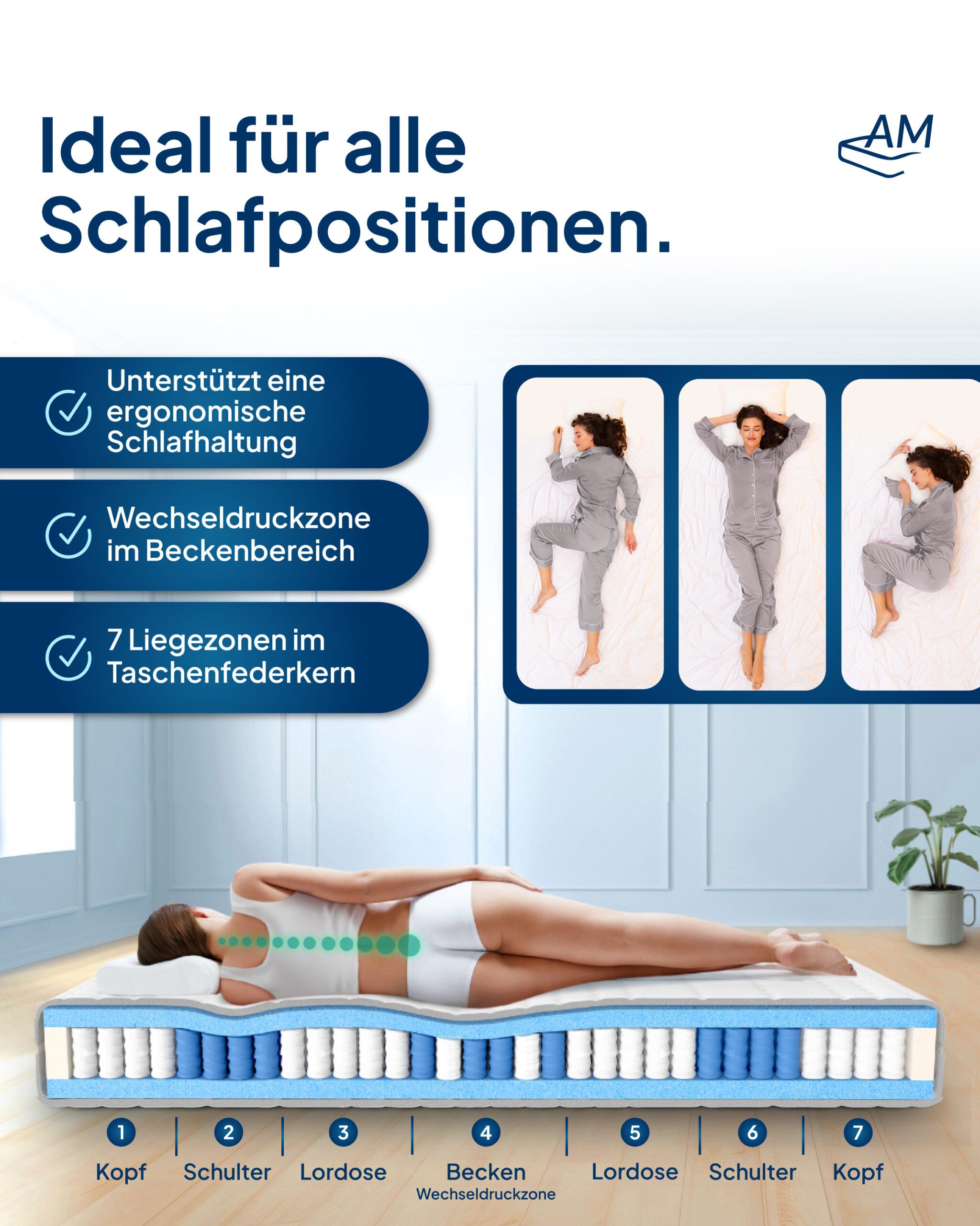 Taschenfederkernmatratze Ergonomische 7-Zonen Matratze, Federkernmatratze, Made in Germany, AM Qualitätsmatratzen, 21 cm hoch, 80x200 cm