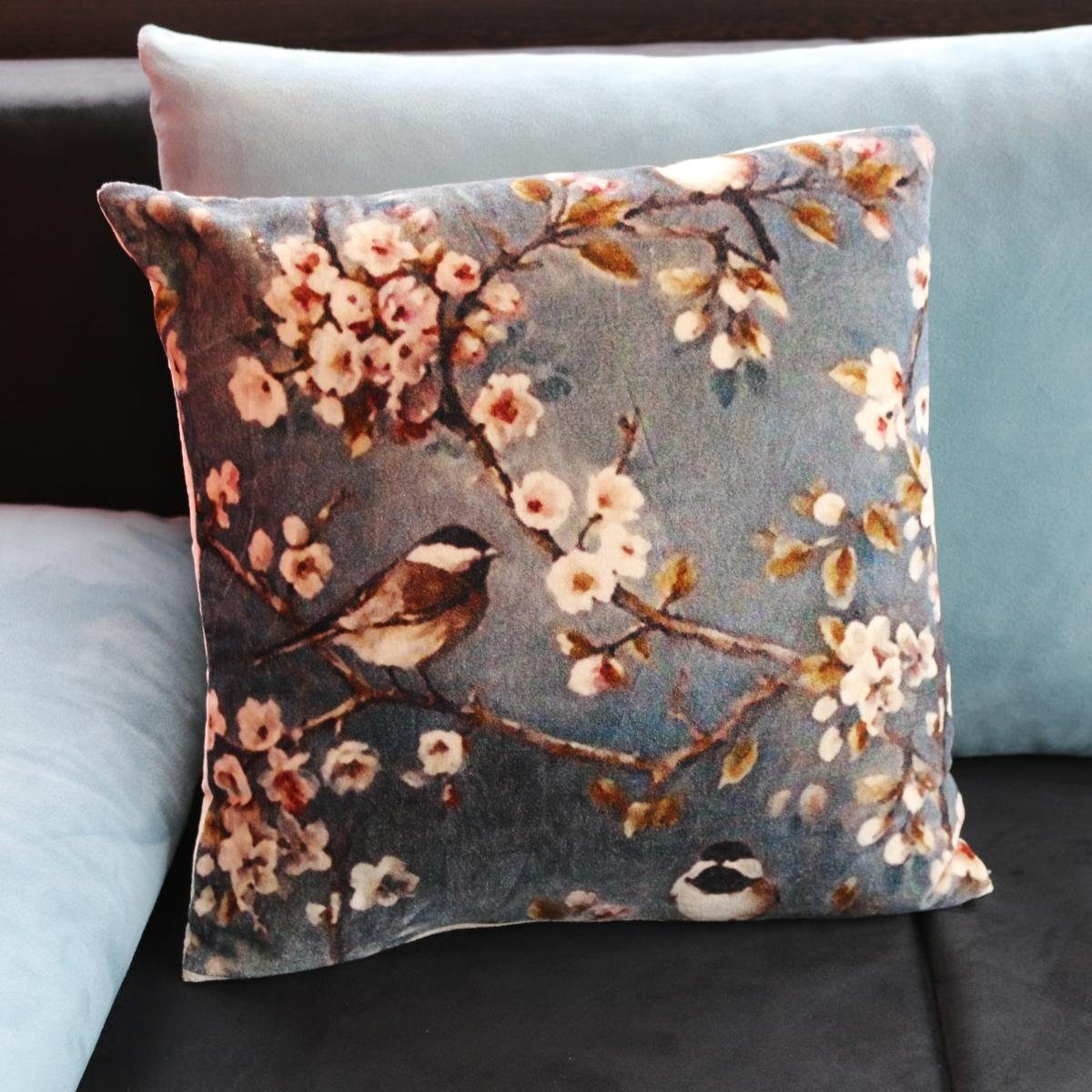 Mars & More Dekokissen Mars & More Kissen mit Blütenzweig, Baumwollsamt, grau, ca 45x45cm