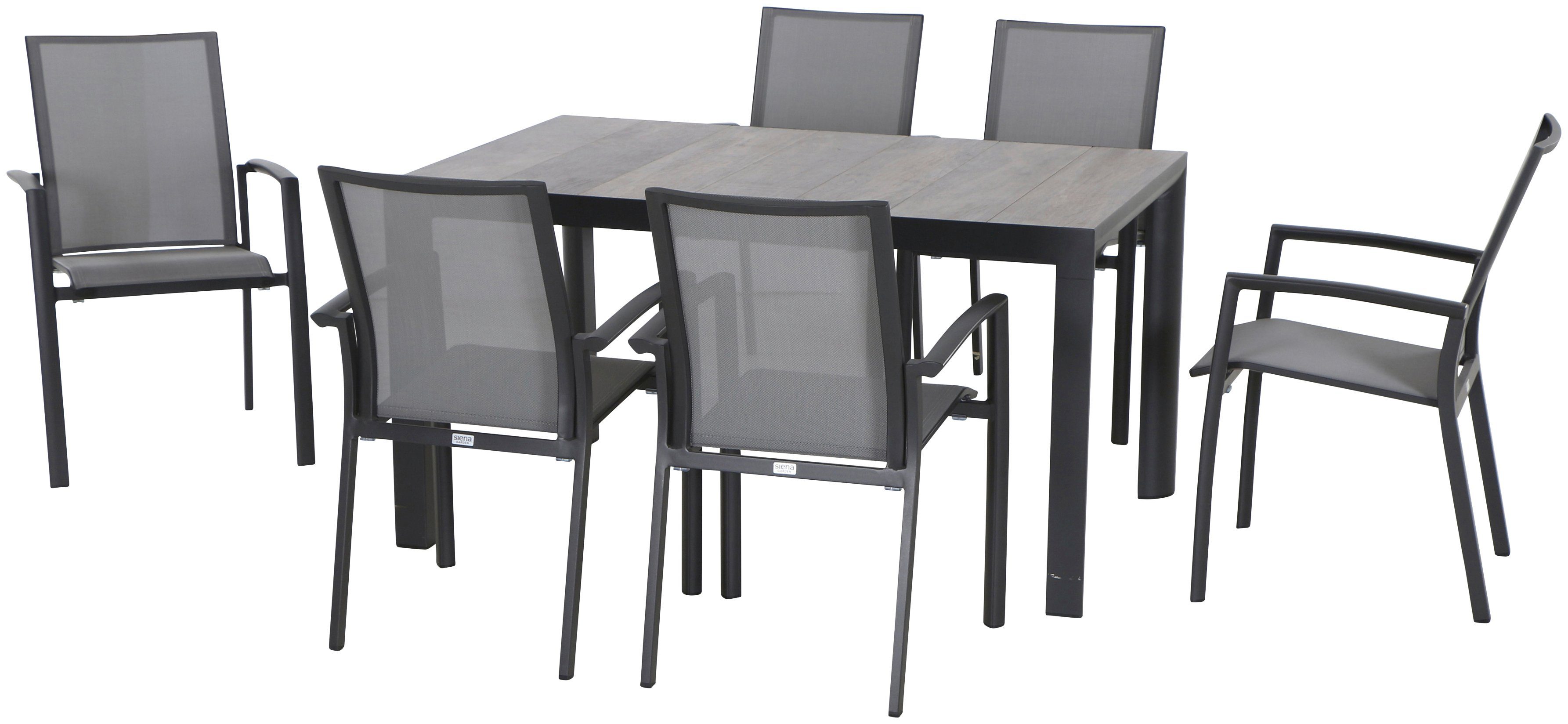 Siena Garden Garten-Essgruppe Velia, (7-tlg., 6x Dining Sessel: 56x66x89 cm, Tisch:140x90x74 cm), Aluminium, Tischplatte aus Keramik, geeignet für 6 Personen