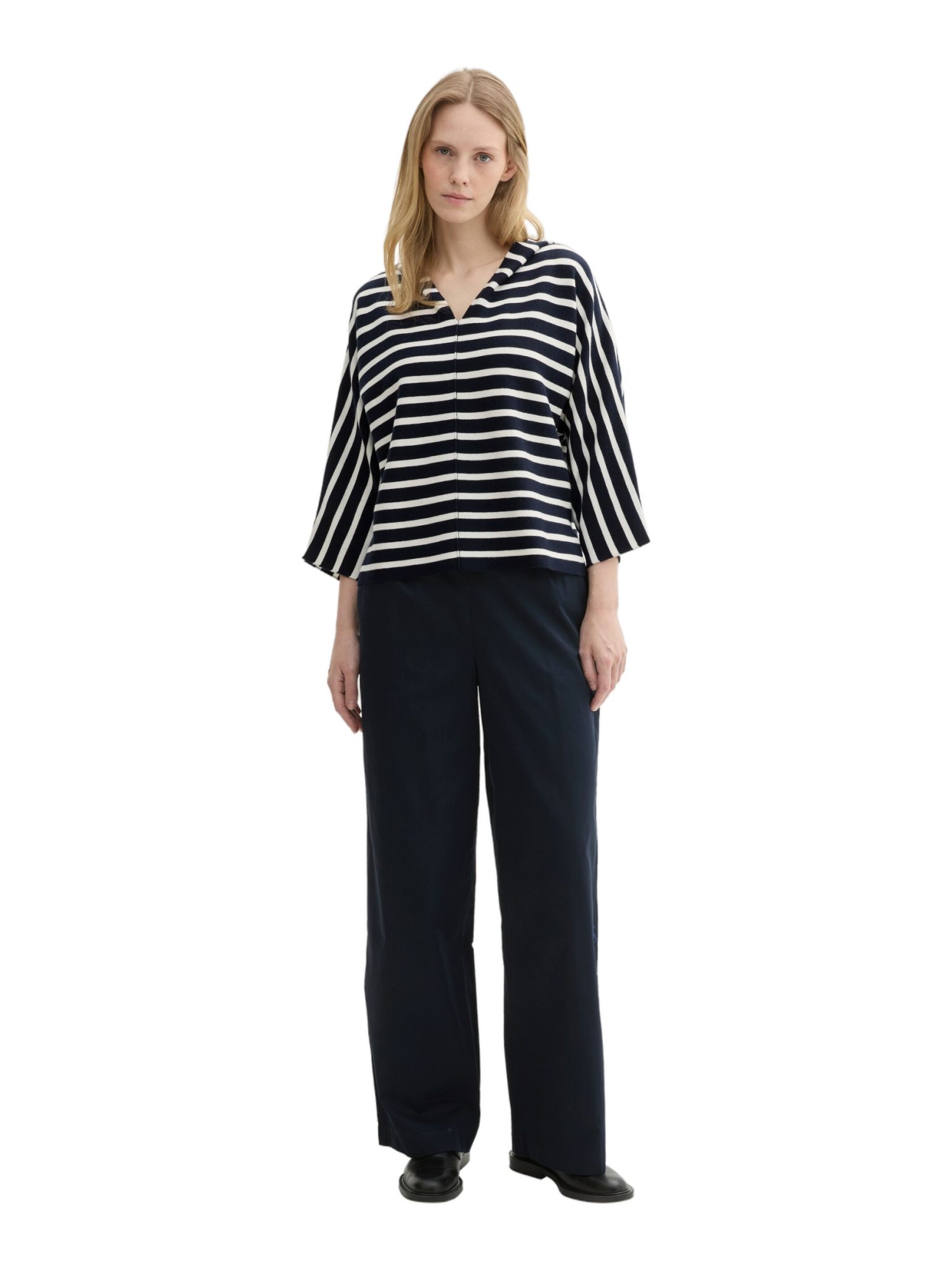 TOM TAILOR Strickpullover blau,Casual,Lyocell,Gestreift,V-Ausschnitt,3/4 Arm,Loose Fit