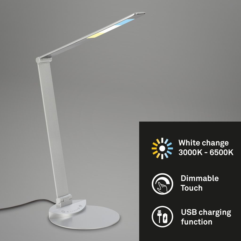 Briloner Leuchten Tischleuchte 7414014, Dimmfunktion, LED fest integriert, CCT Farbtemperatursteuerung - Warmweiß / Neutralweiß / Kaltweiß, Tischlampe, 83x20cm, Silber, 6,5W, Leselampe, Schreibtisch, Büro
